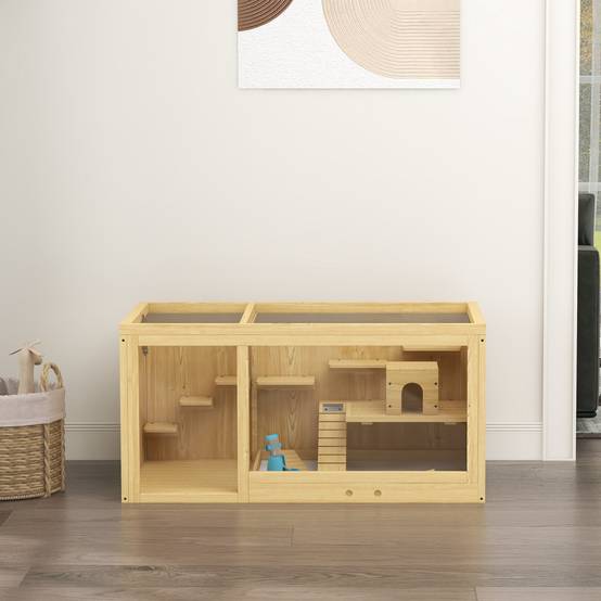 Cage Hamster Bois Sapin pour Rongeurs avec Accessoires Toit Ouvrant 100cm Naturel - ComfortXL Pet Living - Image 6