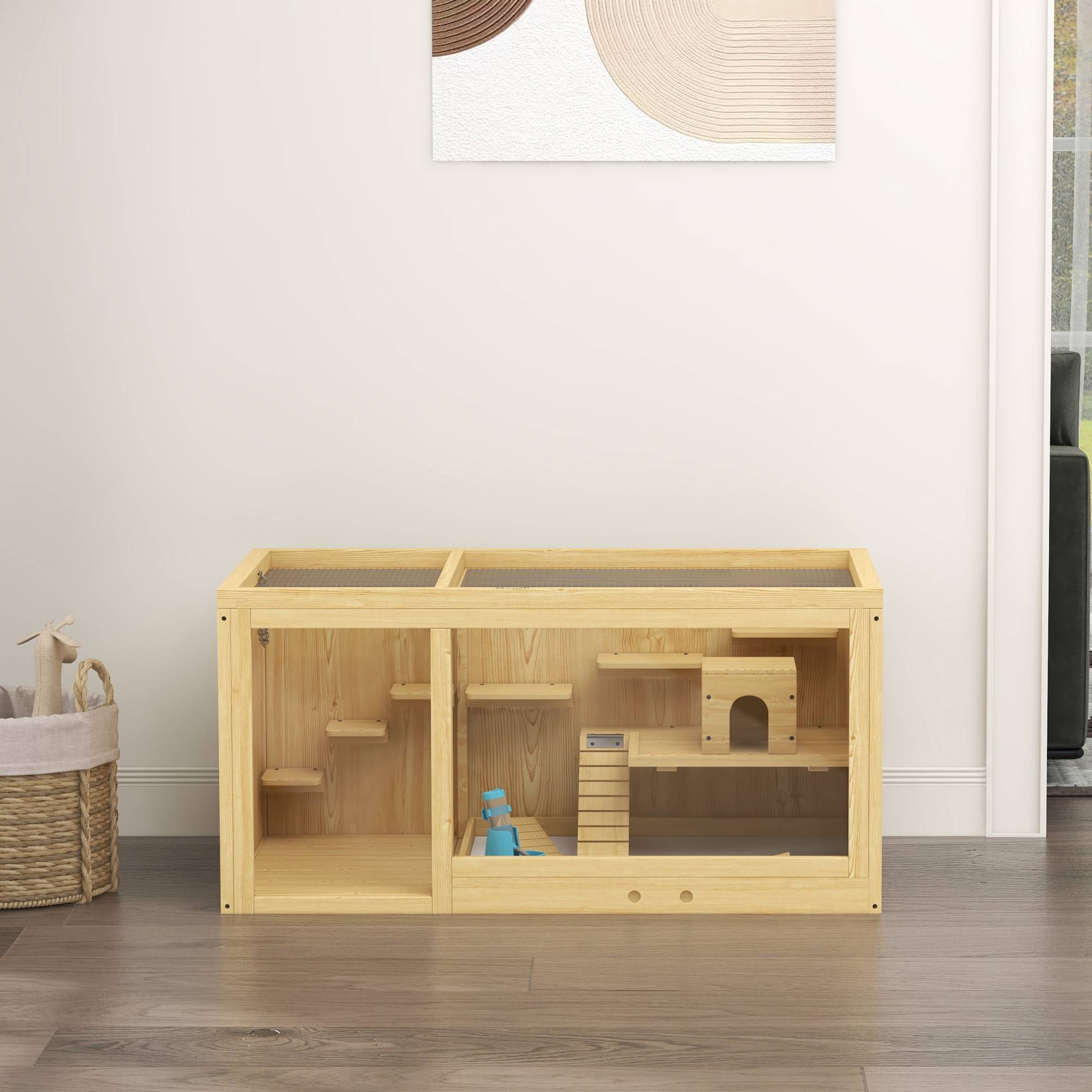 Cage Hamster Bois Sapin pour Rongeurs avec Accessoires Toit Ouvrant 100cm Naturel - ComfortXL Pet Living - Image 6