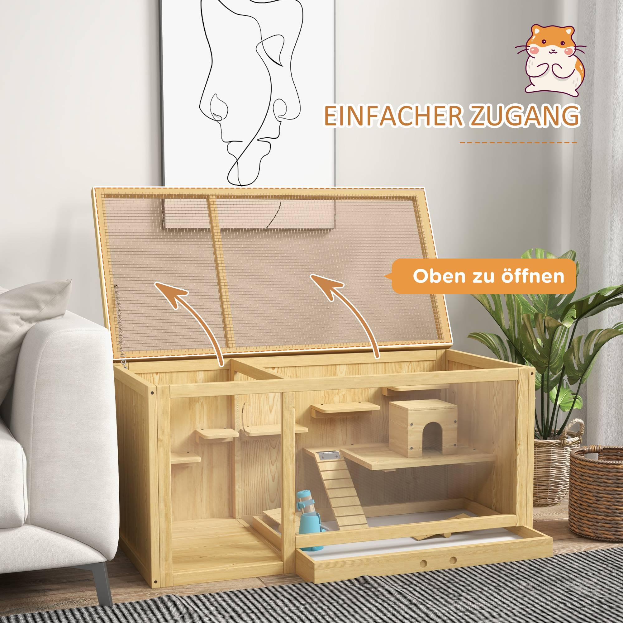 Cage Hamster Bois Sapin pour Rongeurs avec Accessoires Toit Ouvrant 100cm Naturel - ComfortXL Pet Living - Image 5