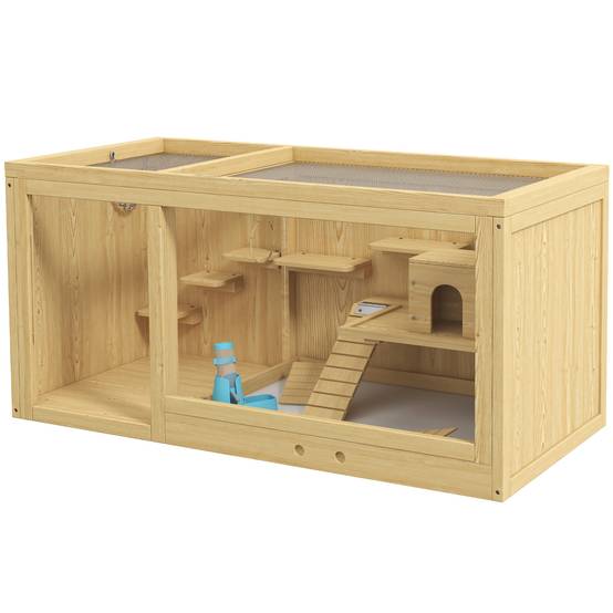 Cage Hamster Bois Sapin pour Rongeurs avec Accessoires Toit Ouvrant 100cm Naturel - ComfortXL Pet Living - Image 2