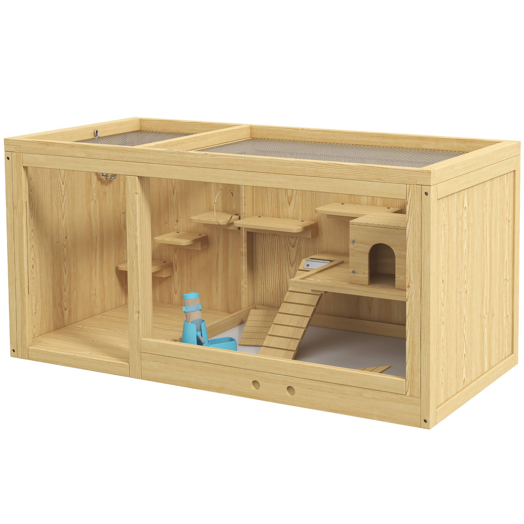Cage Hamster Bois Sapin pour Rongeurs avec Accessoires Toit Ouvrant 100cm Naturel - ComfortXL Pet Living - Image 2