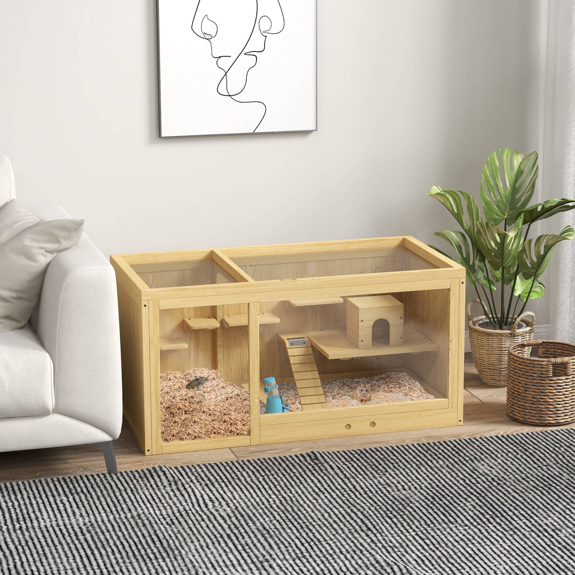 Cage Hamster Bois Sapin pour Rongeurs avec Accessoires Toit Ouvrant 100cm Naturel - ComfortXL Pet Living - Image 1