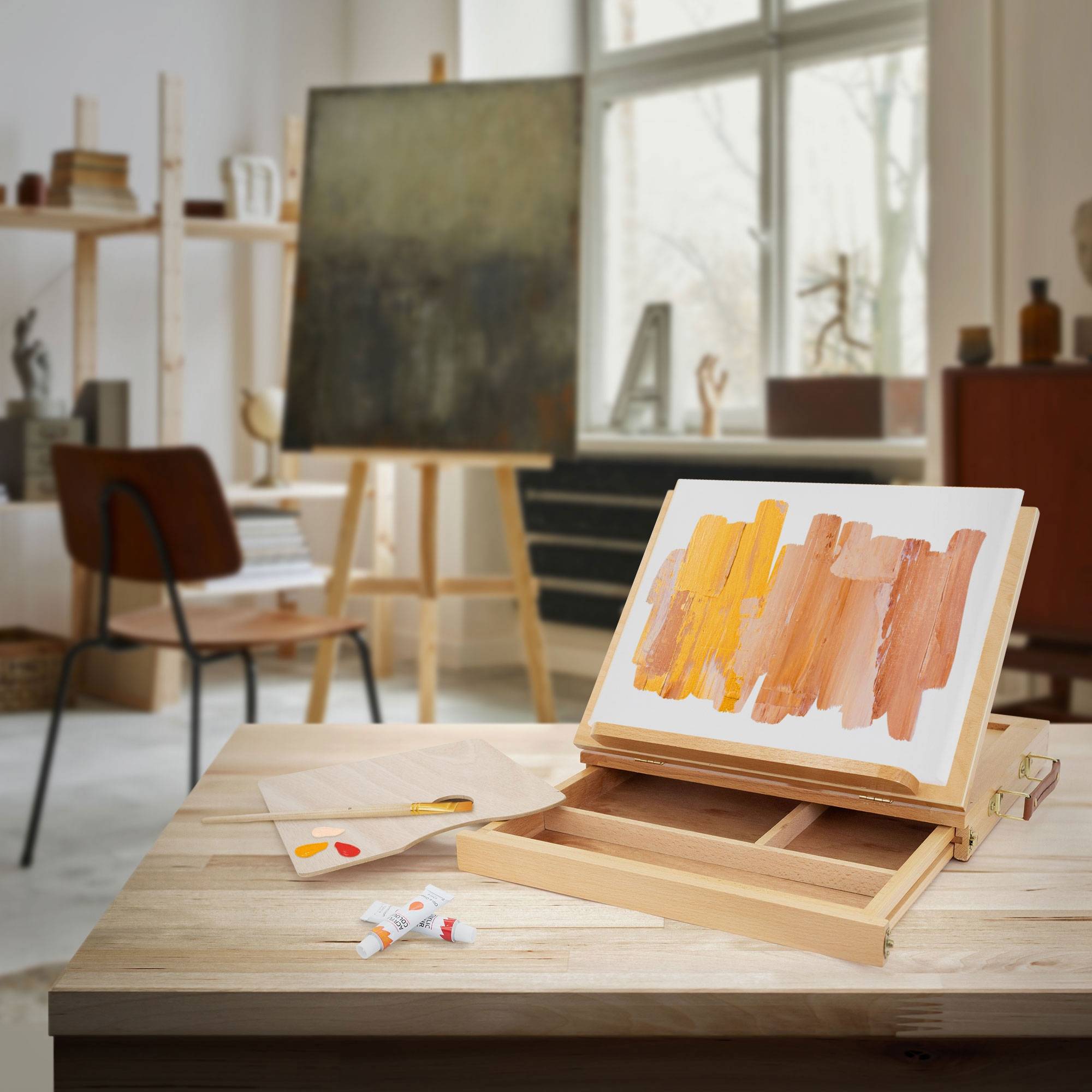 Chevalet de Table en Bois avec Tiroir et Palette, 33,5 x 26 cm, Compartiment de Rangement - Image 8