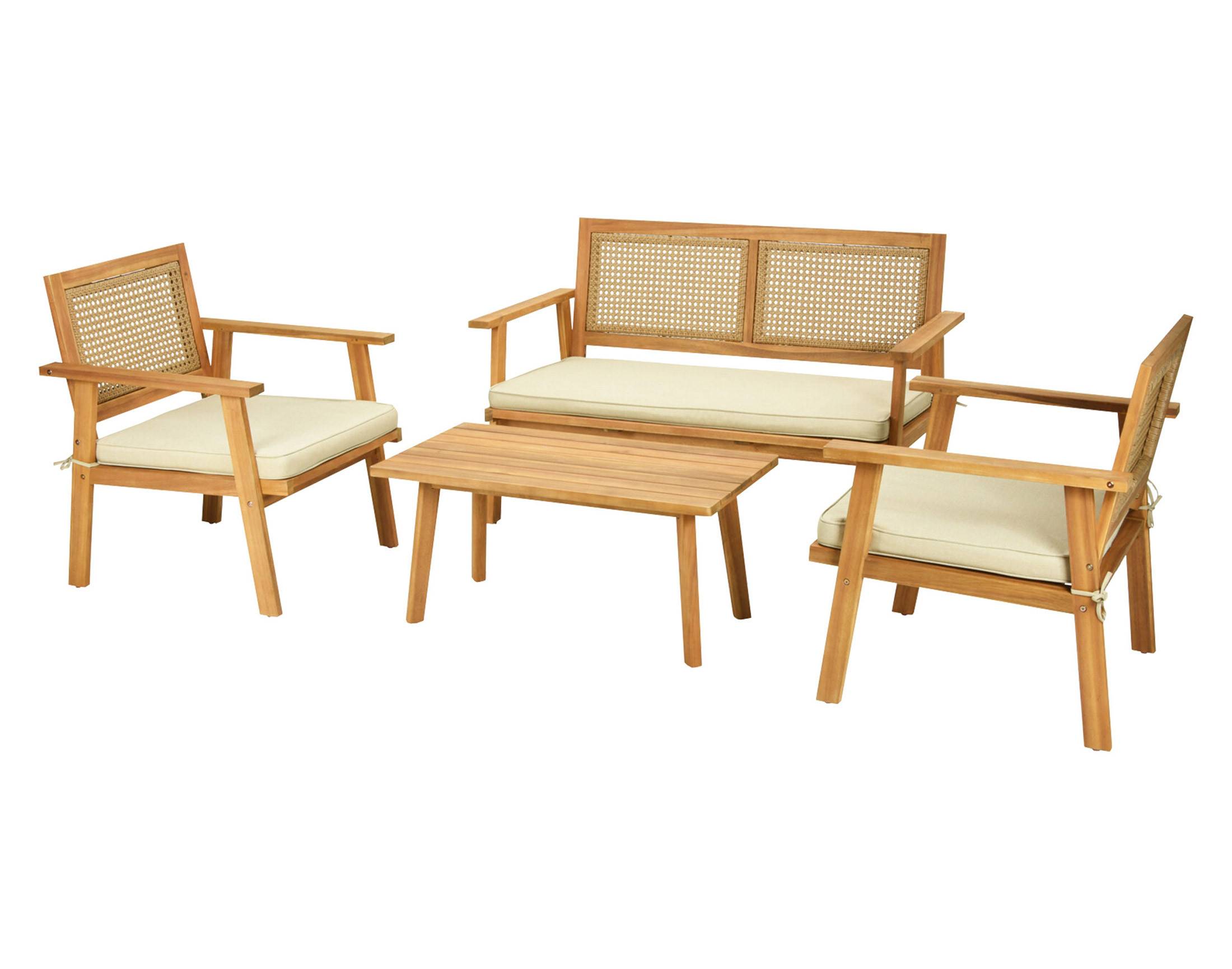 Best Mobilier - Siboney - salon bas de jardin 4 places - bois, cannage et coussins beiges - Best Mobilier - Image 1
