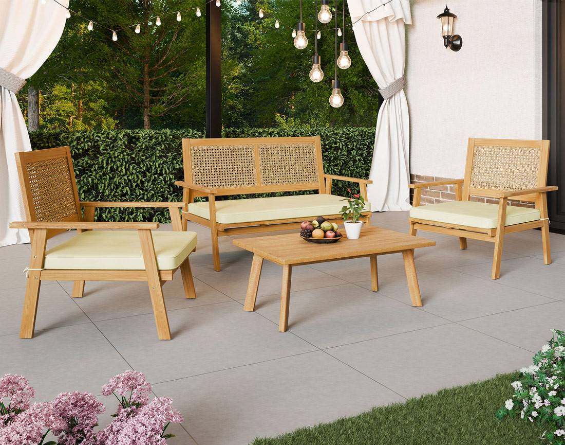 Best Mobilier - Siboney - salon bas de jardin 4 places - bois, cannage et coussins beiges - Best Mobilier - Image 2