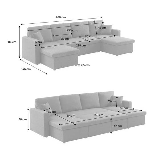 Canapé panoramique convertible en tissu gris clair. 4 places. coffre rangement. lit modulable | sweeek - Image 4