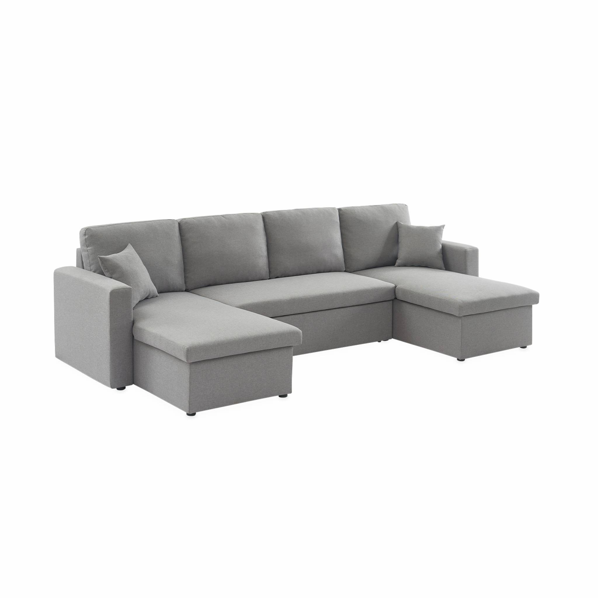 Canapé panoramique convertible en tissu gris clair. 4 places. coffre rangement. lit modulable  | sweeek - Image 2
