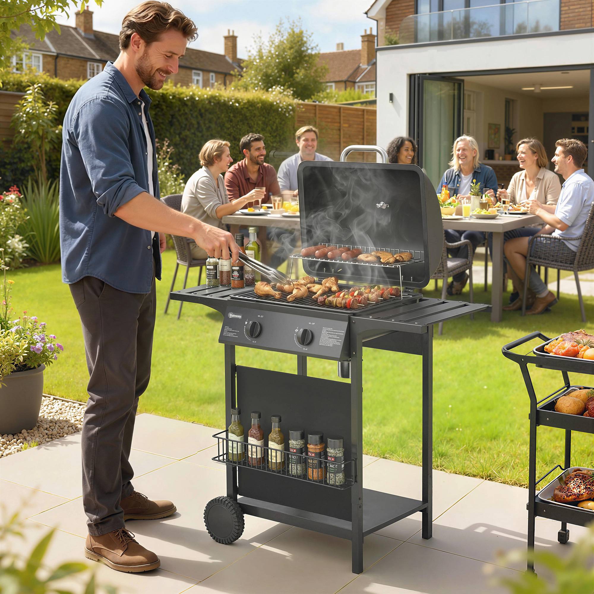 Sans Marque - Barbacoa Gas BBQ 2 Brûleurs 5kW Thermomètre Tables Latérales Étagère Grille Réchaud 2 Roues Noir - Image 3