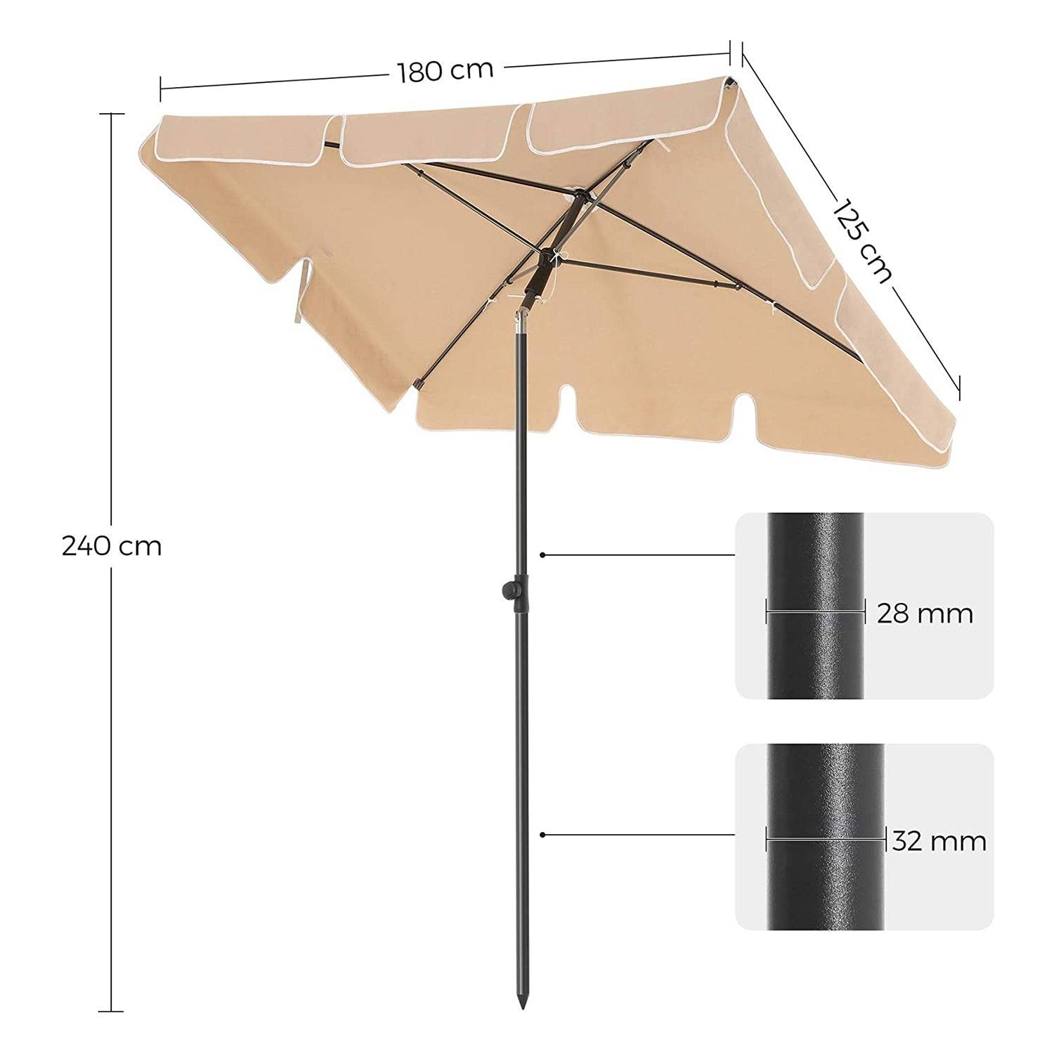 Helloshop26 - Parasol de balcon rectangulaire 1,8 x 1,25 m protection UPF 50+ ombrelle toile avec revêtement en PA sac de transport terrasse jardin sans socle taupe - Image 6