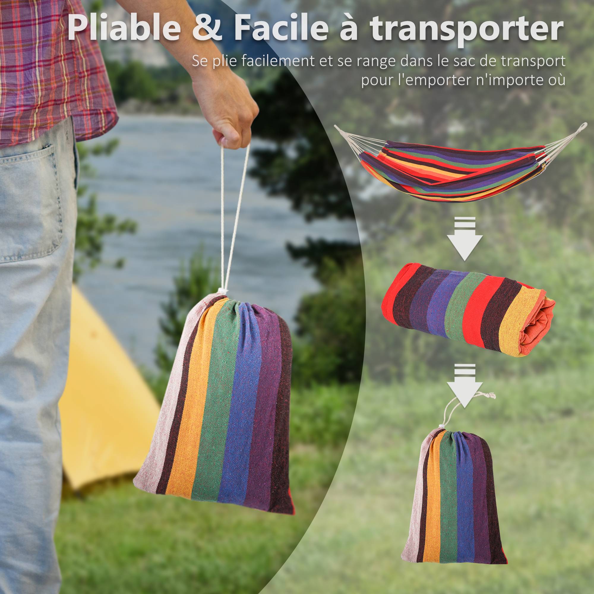Hamac suspendu Coton Polyester Jardin Plage Cordage tressé 290x150cm Multicolore - ComfortXL Outdoor Living - Image 8