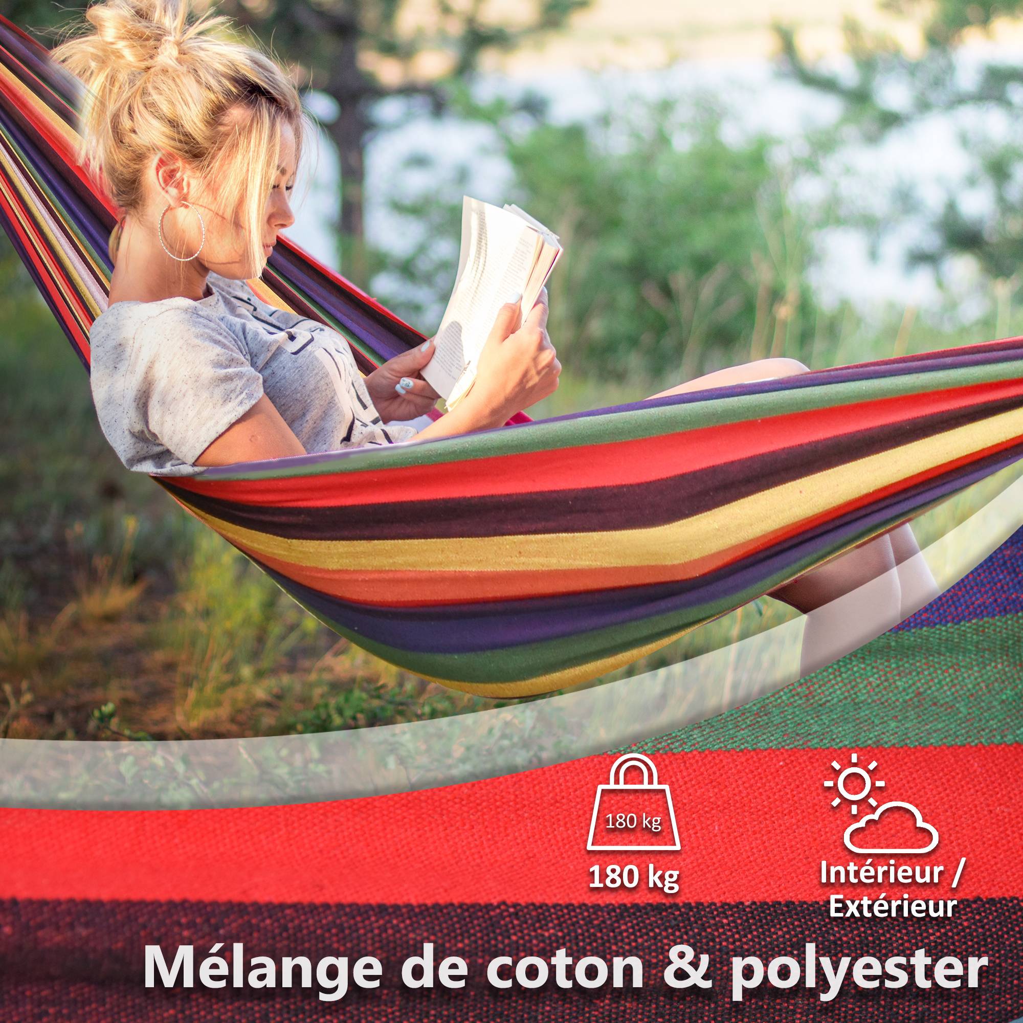 Hamac suspendu Coton Polyester Jardin Plage Cordage tressé 290x150cm Multicolore - ComfortXL Outdoor Living - Image 6