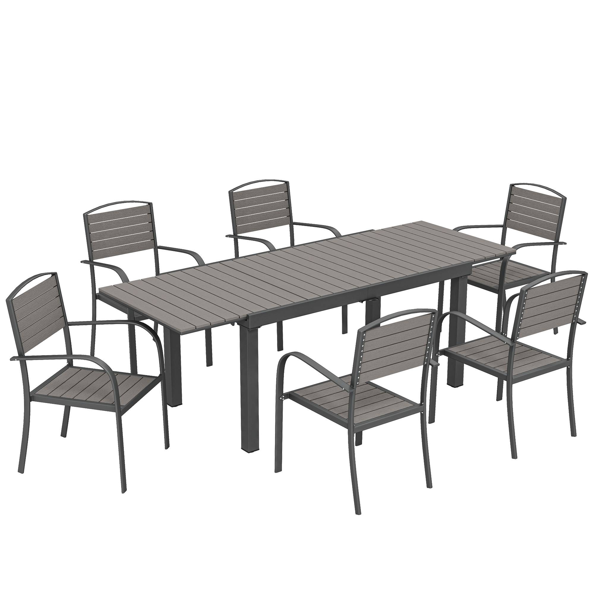 ComfortXL - Salon de jardin 7 pièces aluminium gris table extensible 150-225 cm 6 chaises empilables effet bois terrasse - Image 10