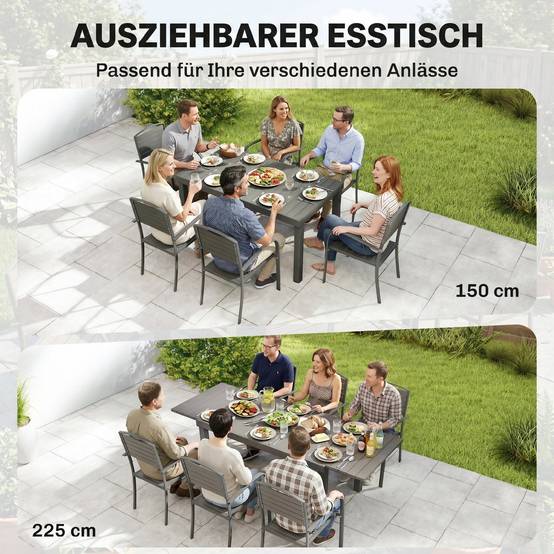 ComfortXL - Salon de jardin 7 pièces aluminium gris table extensible 150-225 cm 6 chaises empilables effet bois terrasse - Image 4