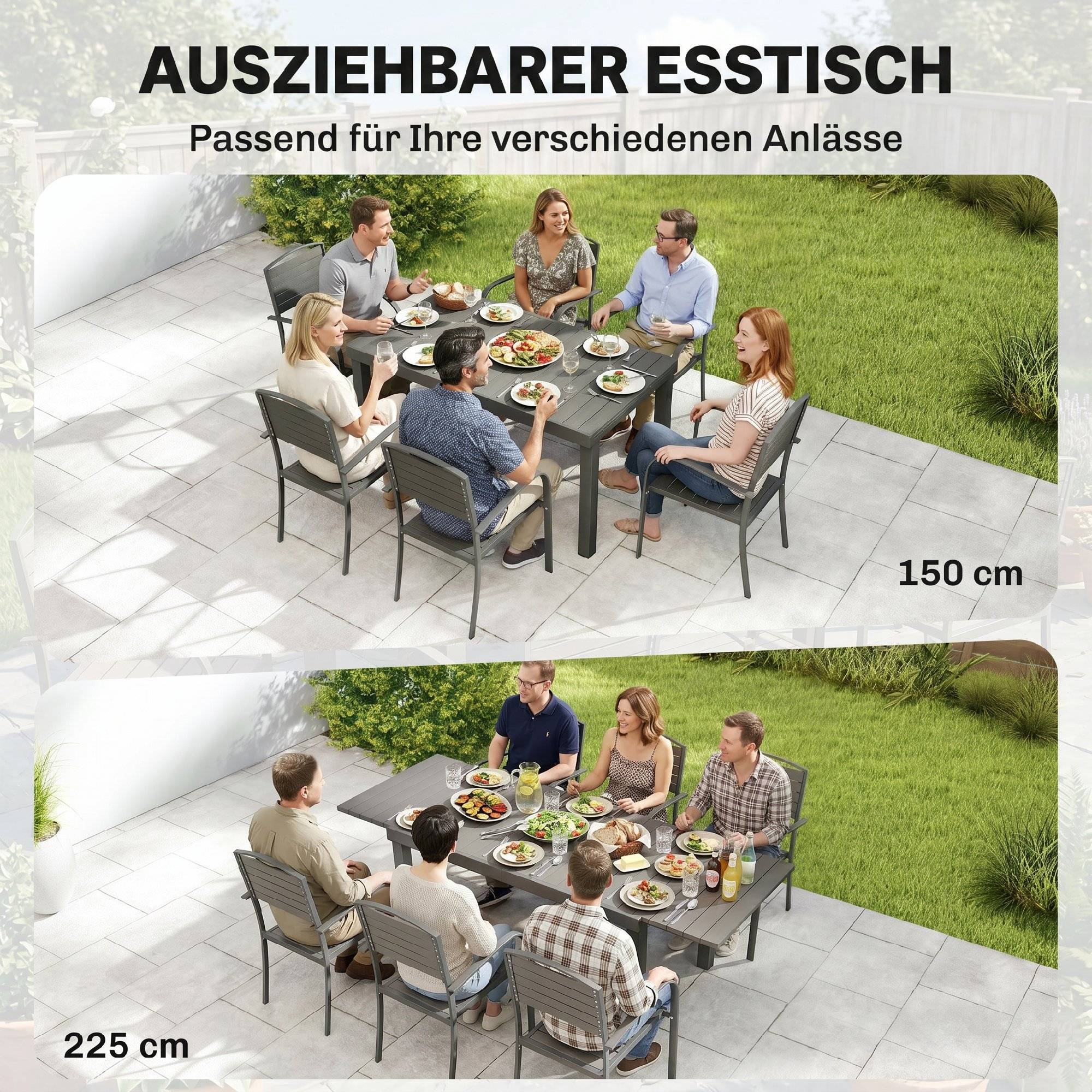 ComfortXL - Salon de jardin 7 pièces aluminium gris table extensible 150-225 cm 6 chaises empilables effet bois terrasse - Image 4