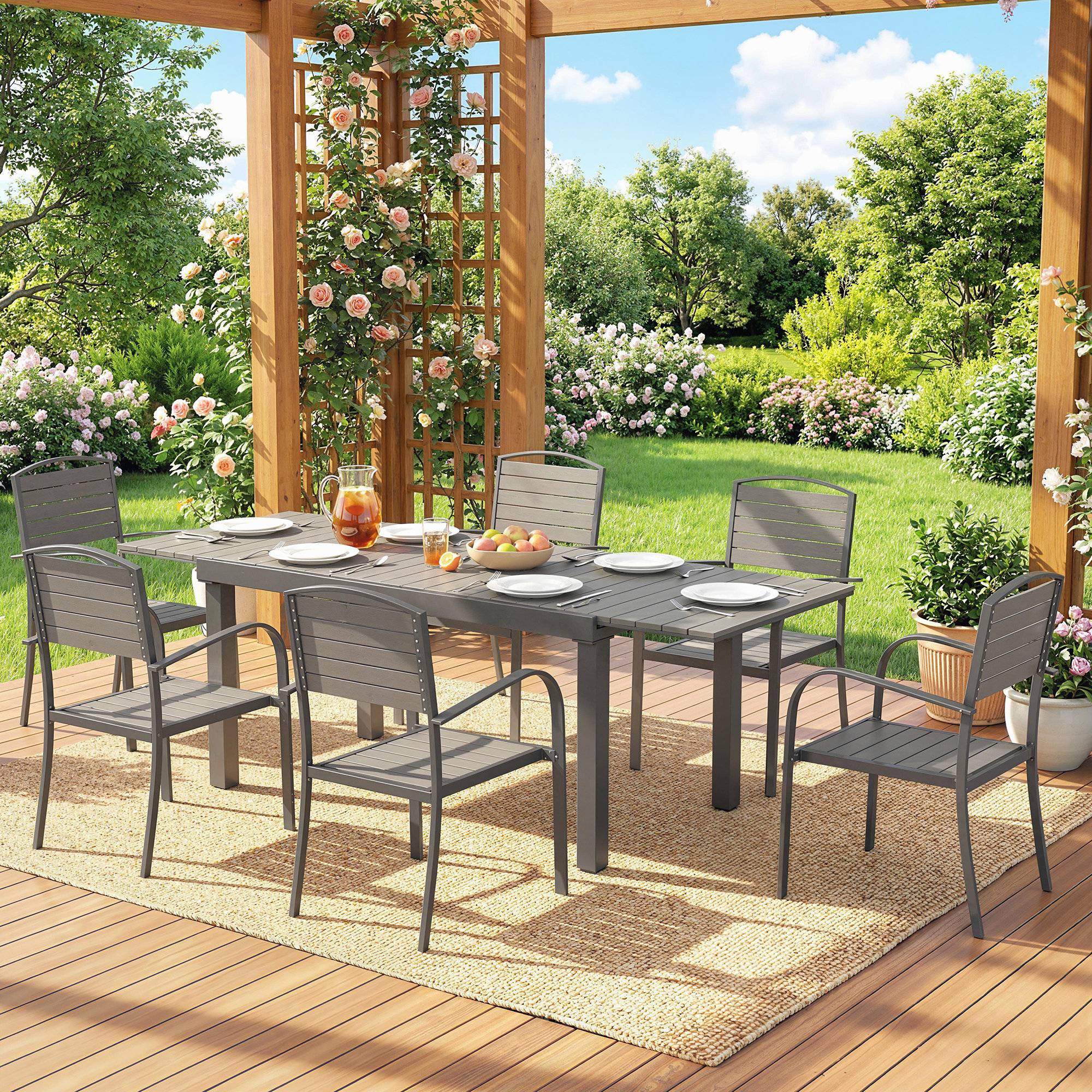 ComfortXL - Salon de jardin 7 pièces aluminium gris table extensible 150-225 cm 6 chaises empilables effet bois terrasse - Image 9