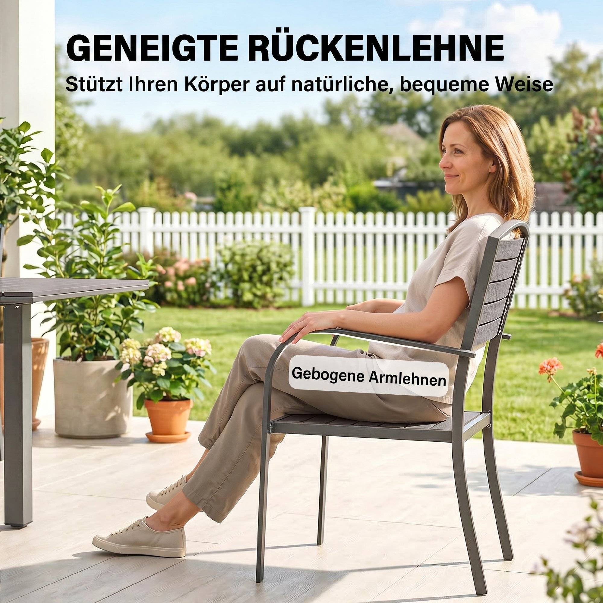 ComfortXL - Salon de jardin 7 pièces aluminium gris table extensible 150-225 cm 6 chaises empilables effet bois terrasse - Image 7