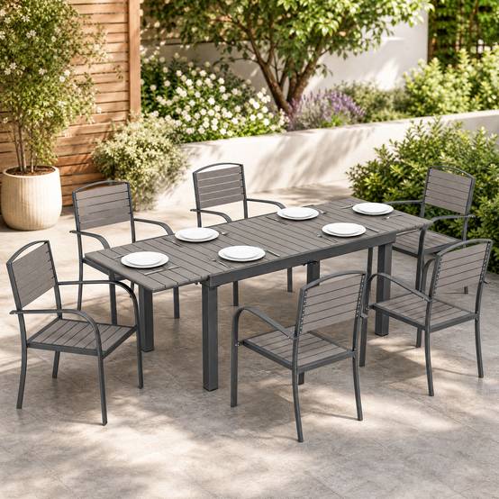 ComfortXL - Salon de jardin 7 pièces aluminium gris table extensible 150-225 cm 6 chaises empilables effet bois terrasse - Image 8