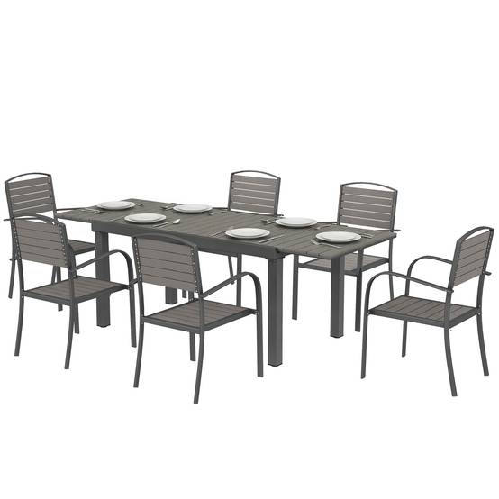 ComfortXL - Salon de jardin 7 pièces aluminium gris table extensible 150-225 cm 6 chaises empilables effet bois terrasse - Image 2