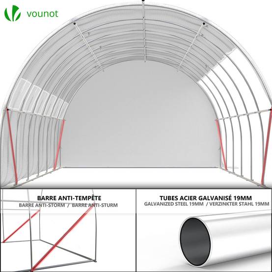 Vounot - Serre de jardin tunnel Toute Saison 18m² - 6L x 3l x 2H m - fenêtres et portes latérales zippées enroulables, barre anti-tempête - Image 7