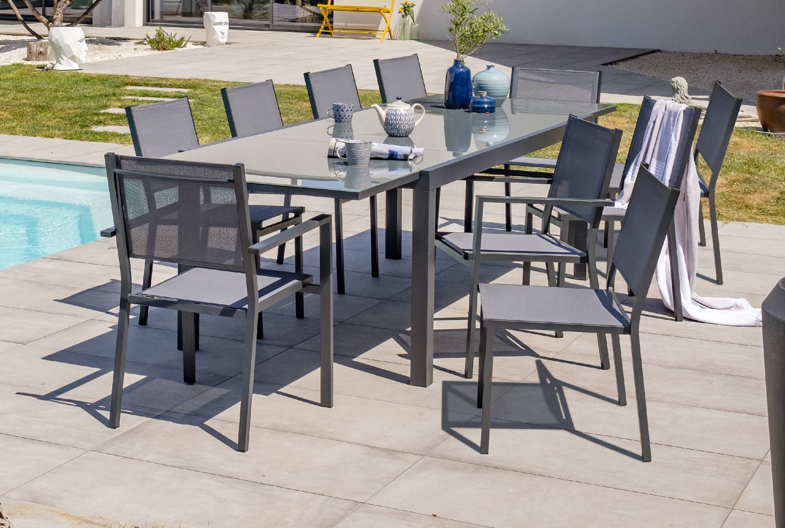 Dcb Garden - Ensemble repas 10 à 12 places en aluminium et plateau verre - Gris anthracite - TOLEDE - Image 1