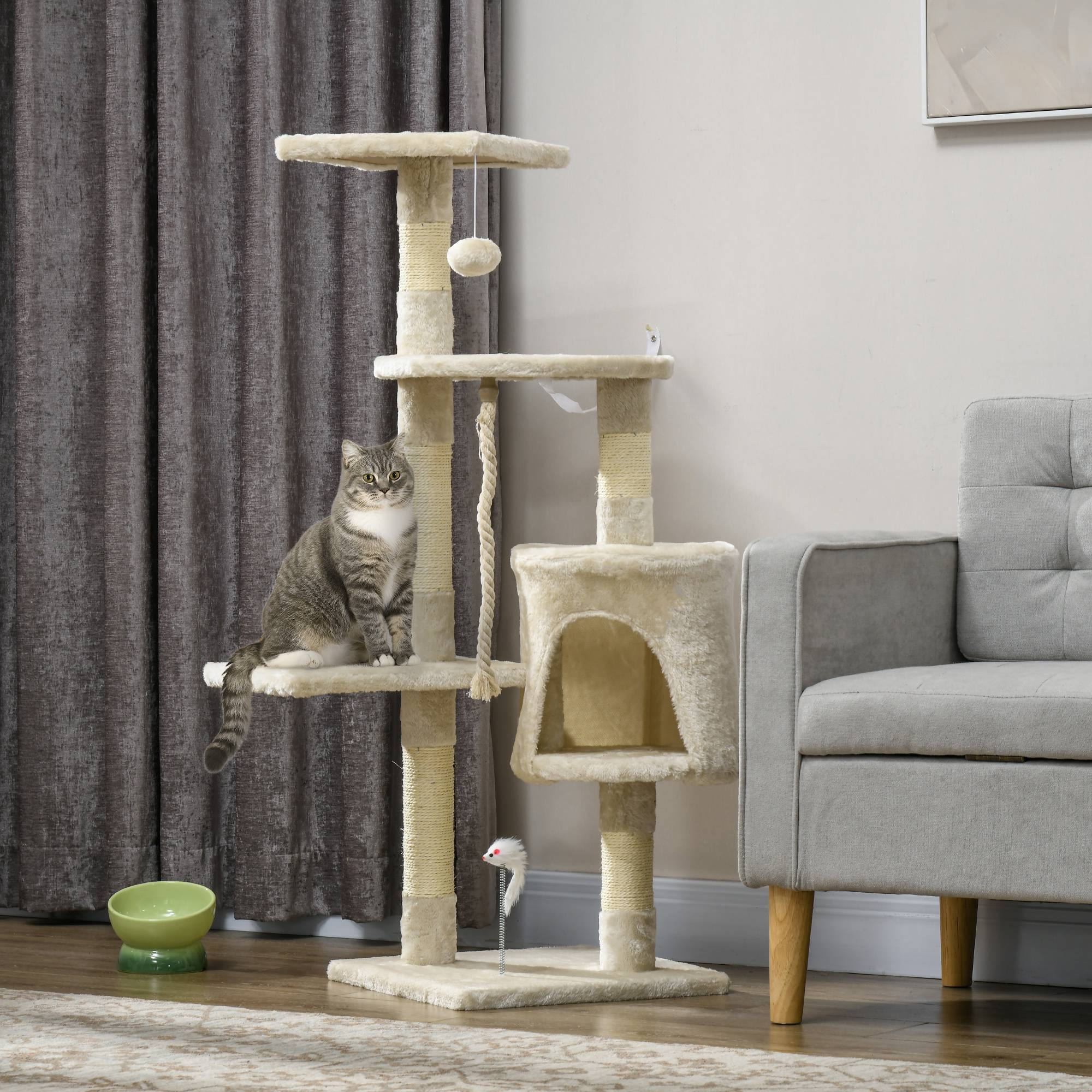 Sans Marque - Arbre à chat beige 116 cm avec niche, plateformes et poteaux en sisal - Image 3