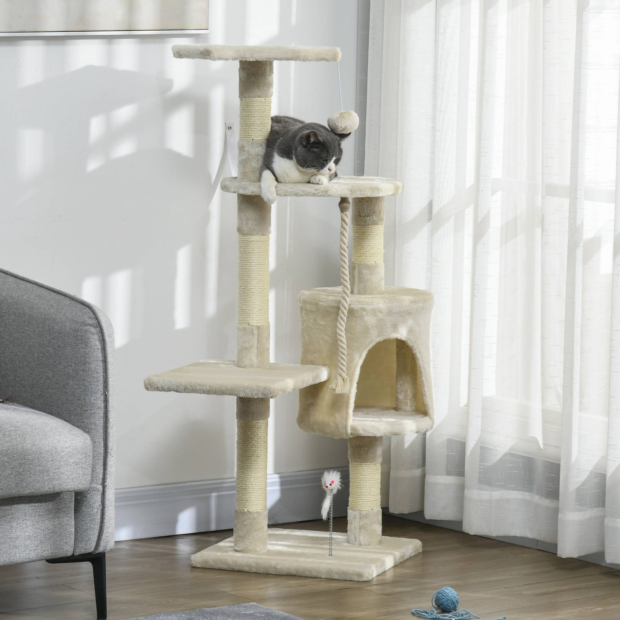 Sans Marque - Arbre à chat beige 116 cm avec niche, plateformes et poteaux en sisal - Image 4