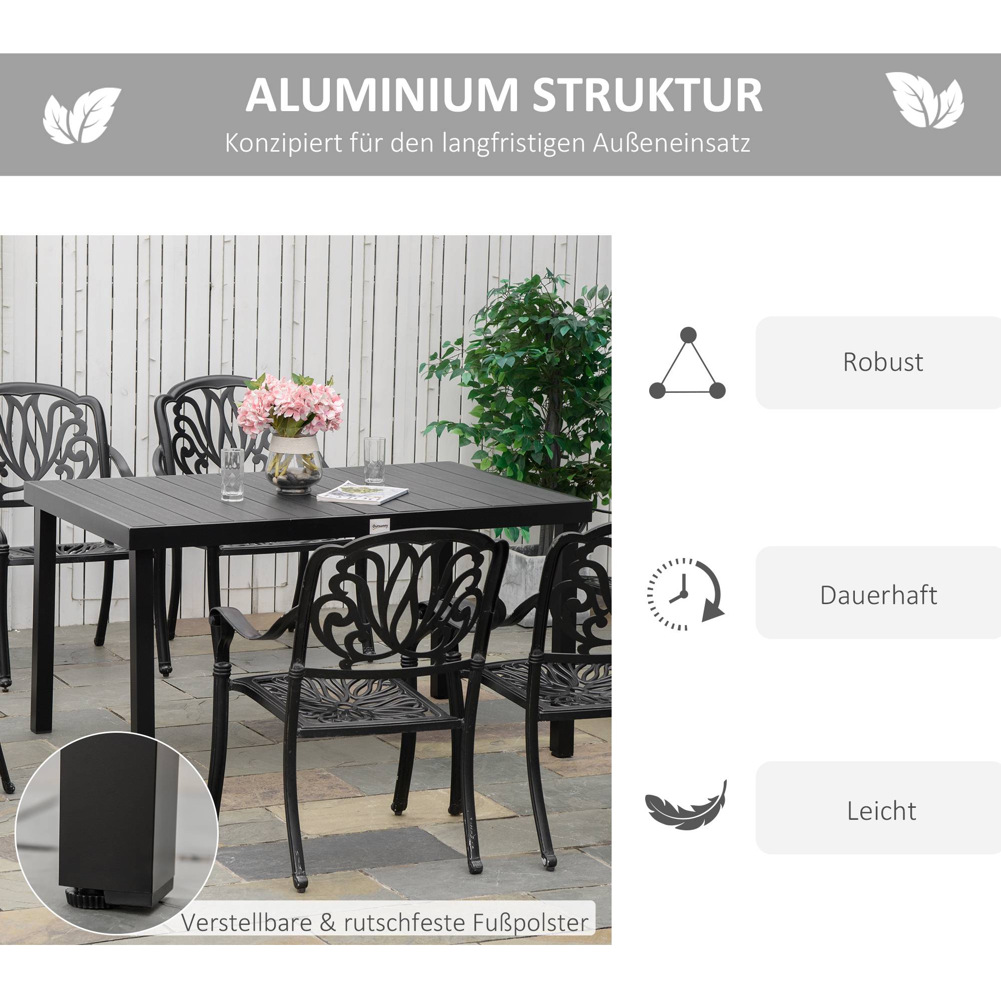 Table de jardin 6 personnes 140x90x74 cm, structure aluminium et plateau plastique facile d’entretien, noire - Image 7