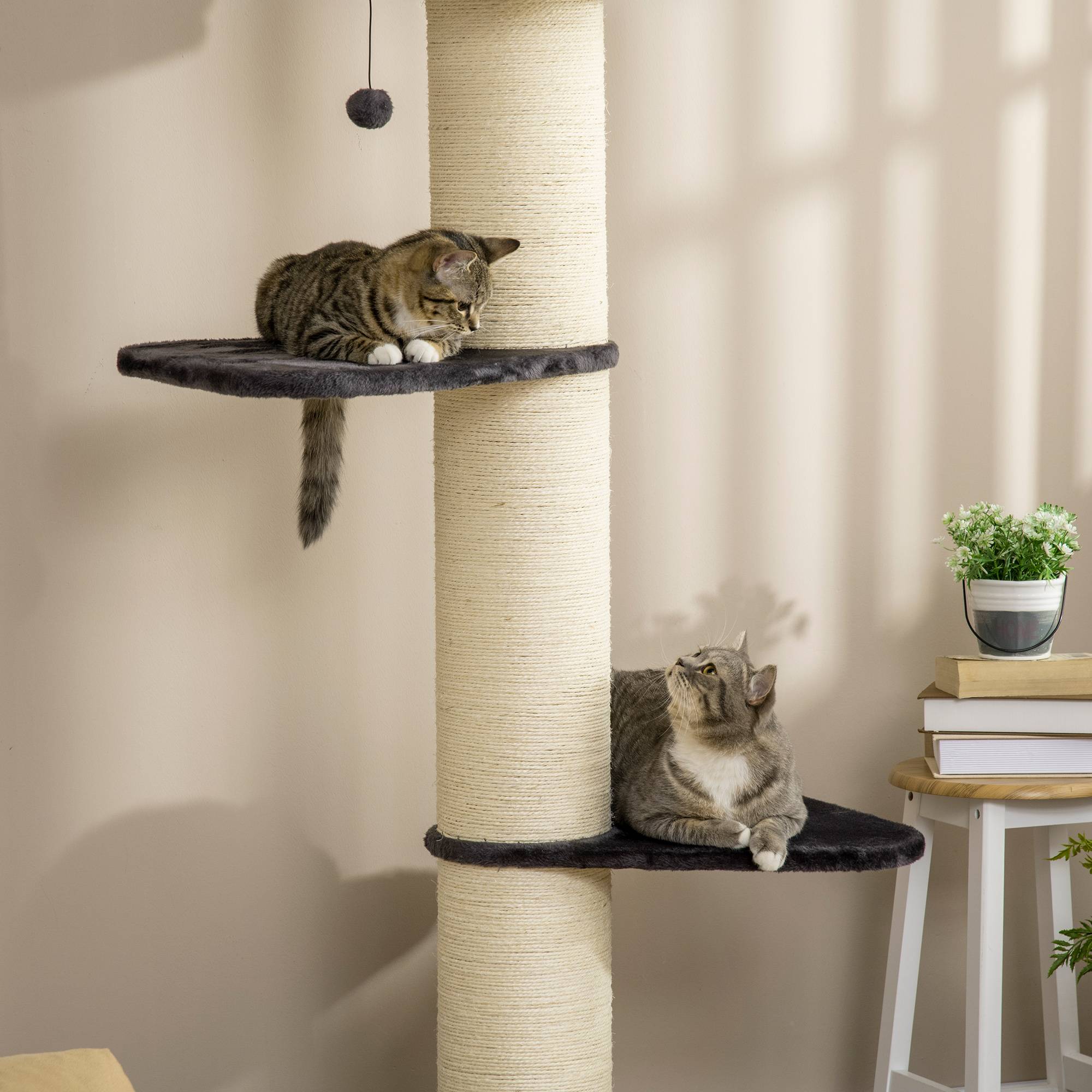 Pawhut - Arbre à chat griffoir sisal naturel 2 plateformes panier observation jeu boule suspendue peluche grise - Image 7