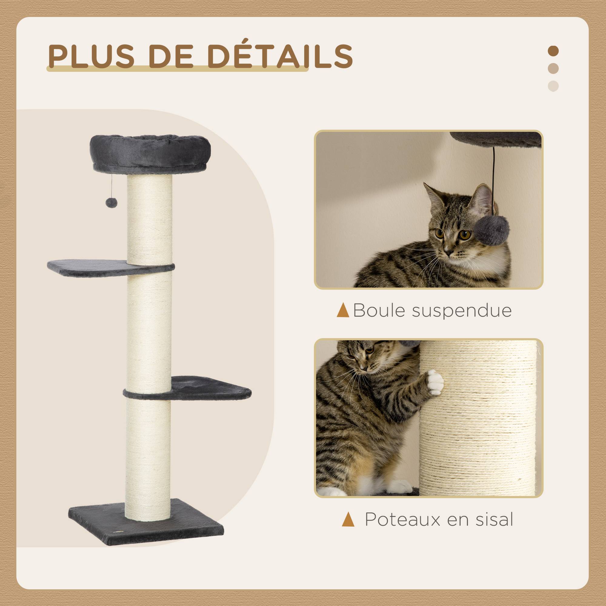 Pawhut - Arbre à chat griffoir sisal naturel 2 plateformes panier observation jeu boule suspendue peluche grise - Image 5