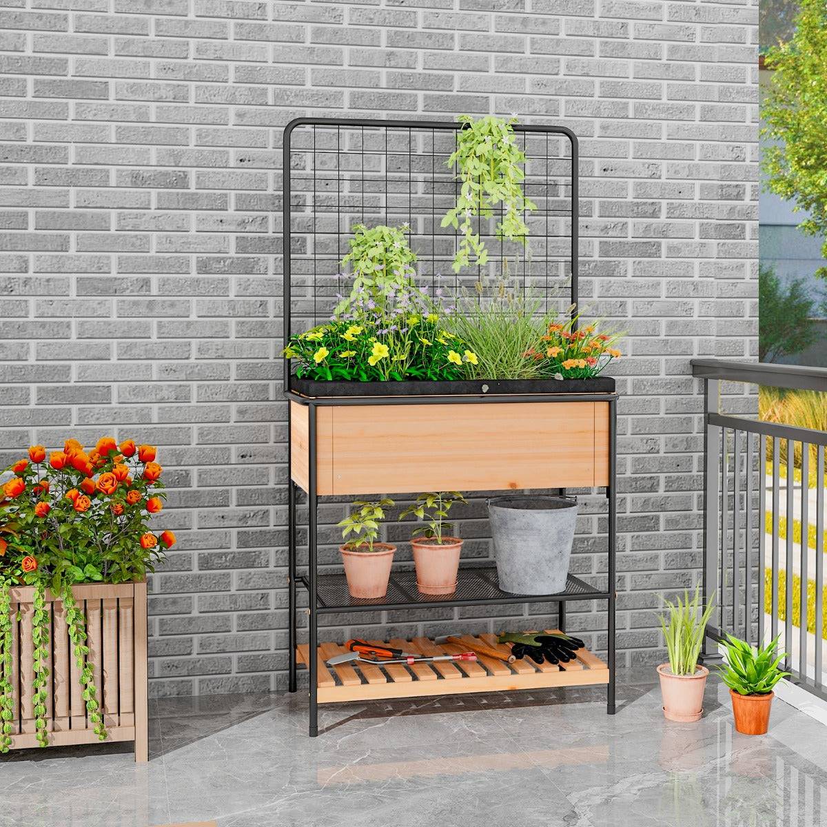 Helloshop26 - Jardinière surélevé en bois avec treillis séparateur amovible à 8 grilles étagère à 2 niveaux cadre en métal 80 x 38 x 150 cm naturel - Image 2