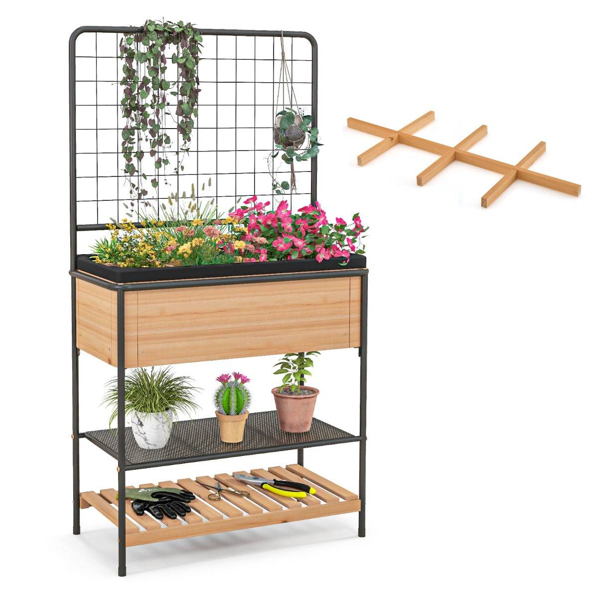 Helloshop26 - Jardinière surélevé en bois avec treillis séparateur amovible à 8 grilles étagère à 2 niveaux cadre en métal 80 x 38 x 150 cm naturel - Image 1