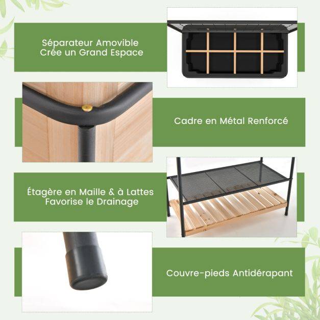 Helloshop26 - Jardinière surélevé en bois avec treillis séparateur amovible à 8 grilles étagère à 2 niveaux cadre en métal 80 x 38 x 150 cm naturel - Image 3