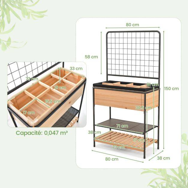Helloshop26 - Jardinière surélevé en bois avec treillis séparateur amovible à 8 grilles étagère à 2 niveaux cadre en métal 80 x 38 x 150 cm naturel - Image 4