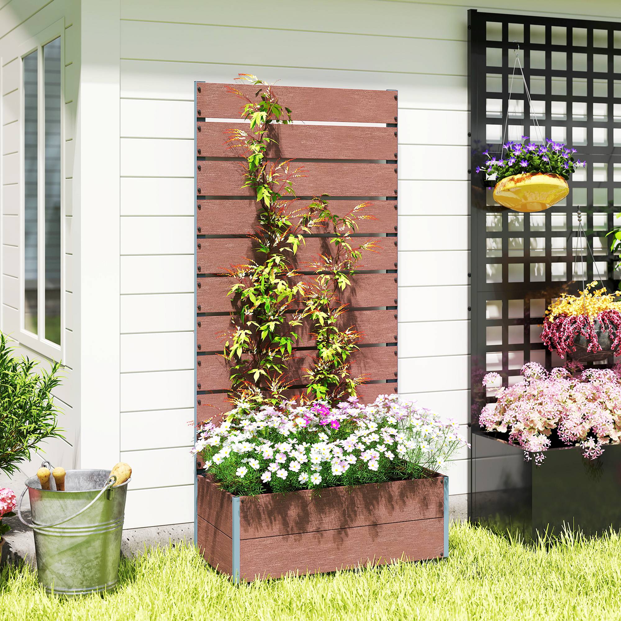 Jardinière avec treillis bois composite extérieur support plantes 150cm marron - ComfortXL Outdoor Living - Image 10