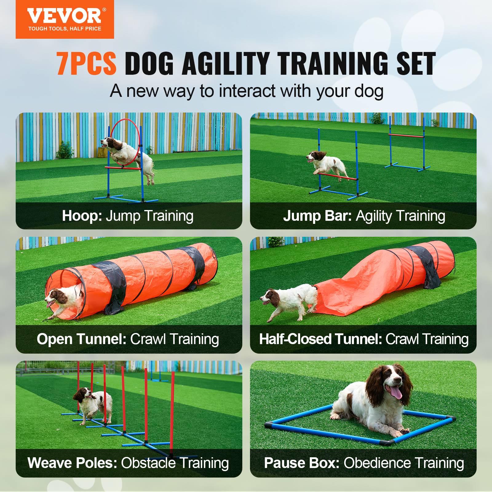 VEVOR Kit équipements agilité chien, 7 pièces. Haies, tunnels, anneau saut. - Image 2