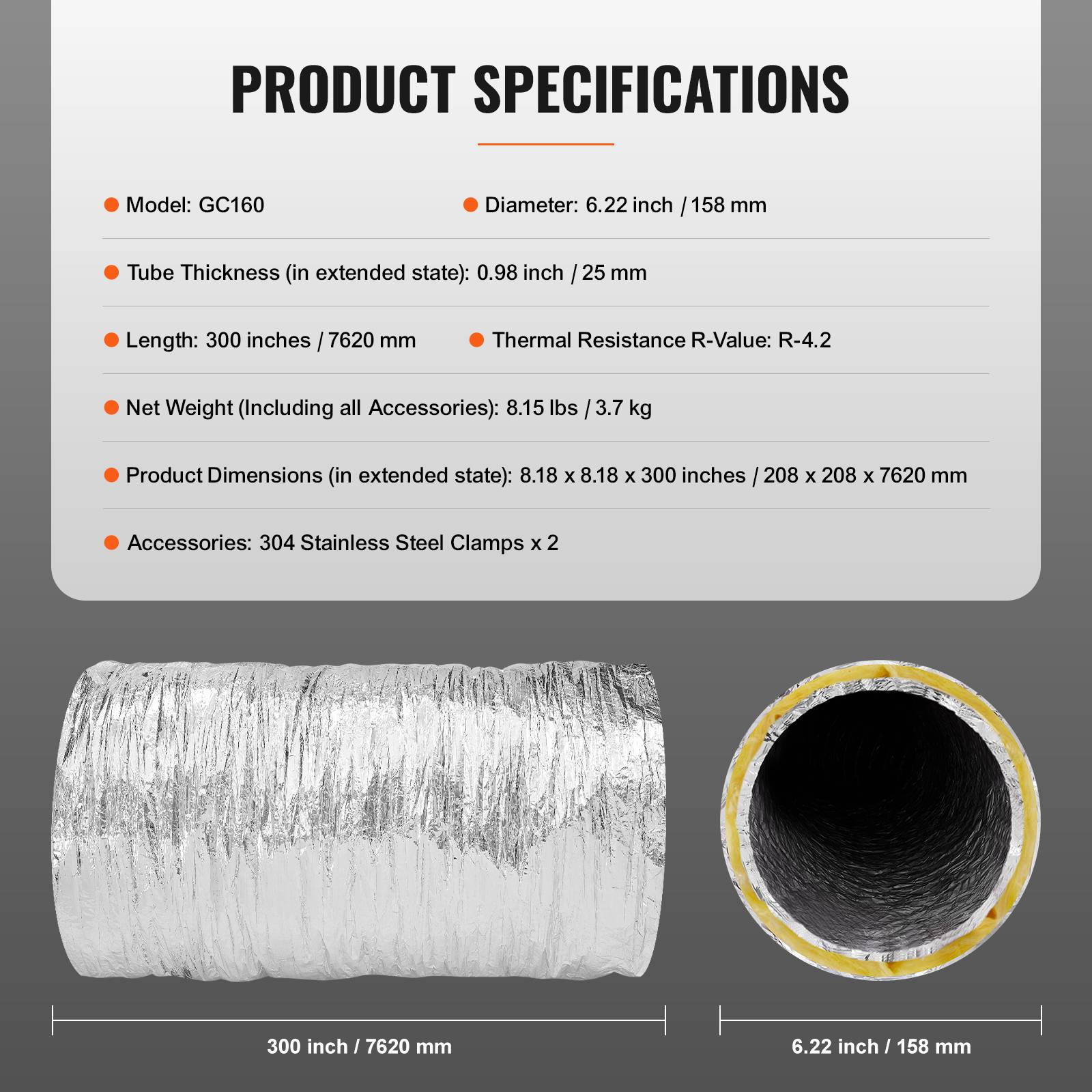 Vevor - Vevor Tuyau Flexible Isolé Thermique Conduit De Ventilation Cvc R-4.2 158x7620mm - Image 6