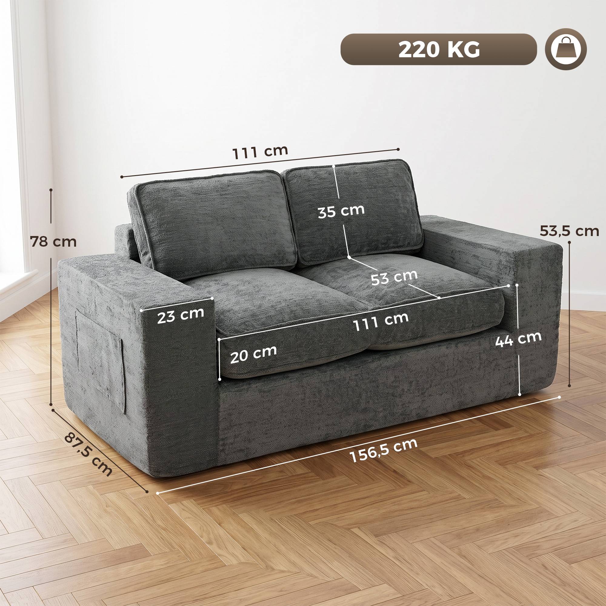 Canapé 2 Places en Chenille, Canapé de Salon 156 cm, Assise et Accoudoirs Larges Rembourrées, 2 Oreillers, Gris - Image 5