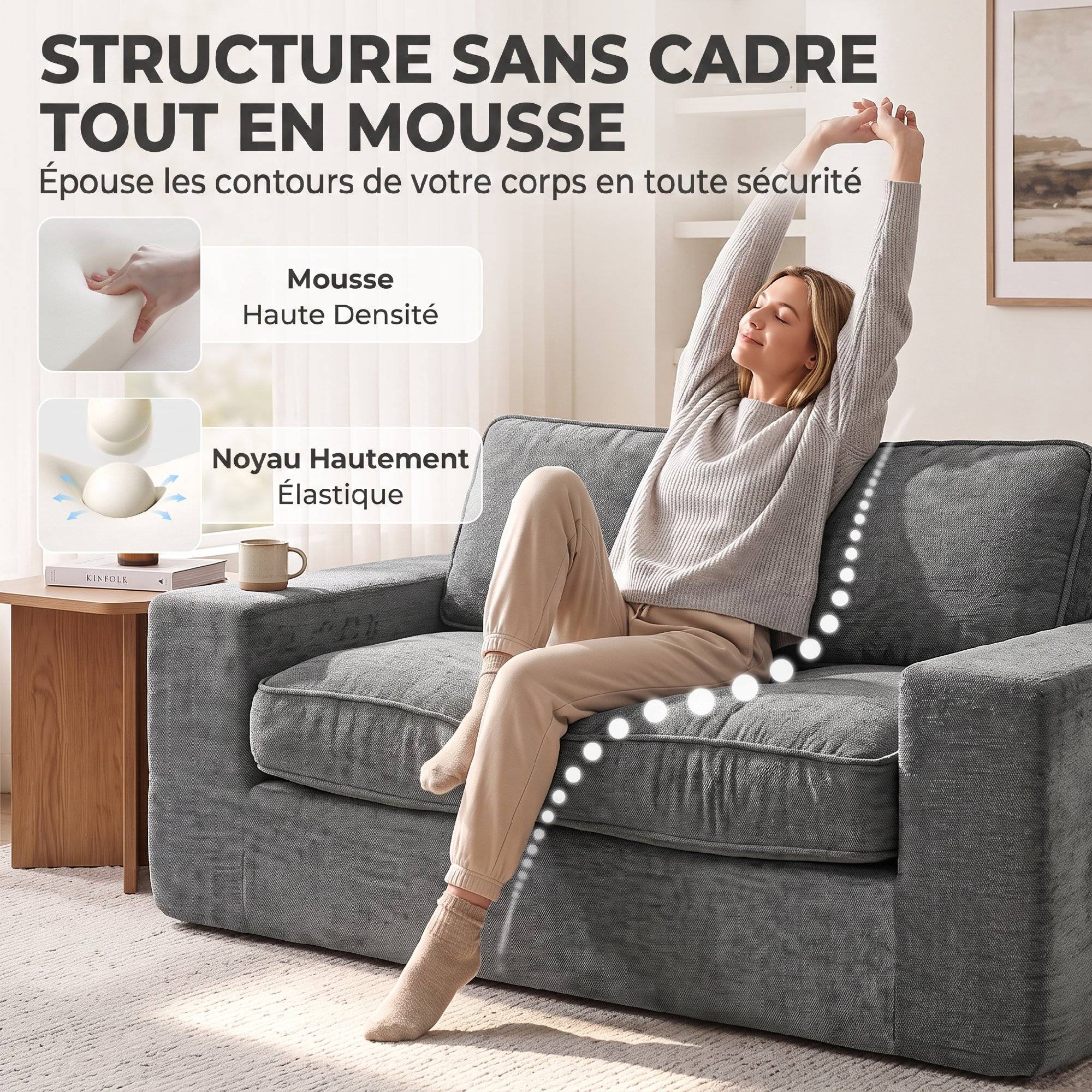 Canapé 2 Places en Chenille, Canapé de Salon 156 cm, Assise et Accoudoirs Larges Rembourrées, 2 Oreillers, Gris - Image 6