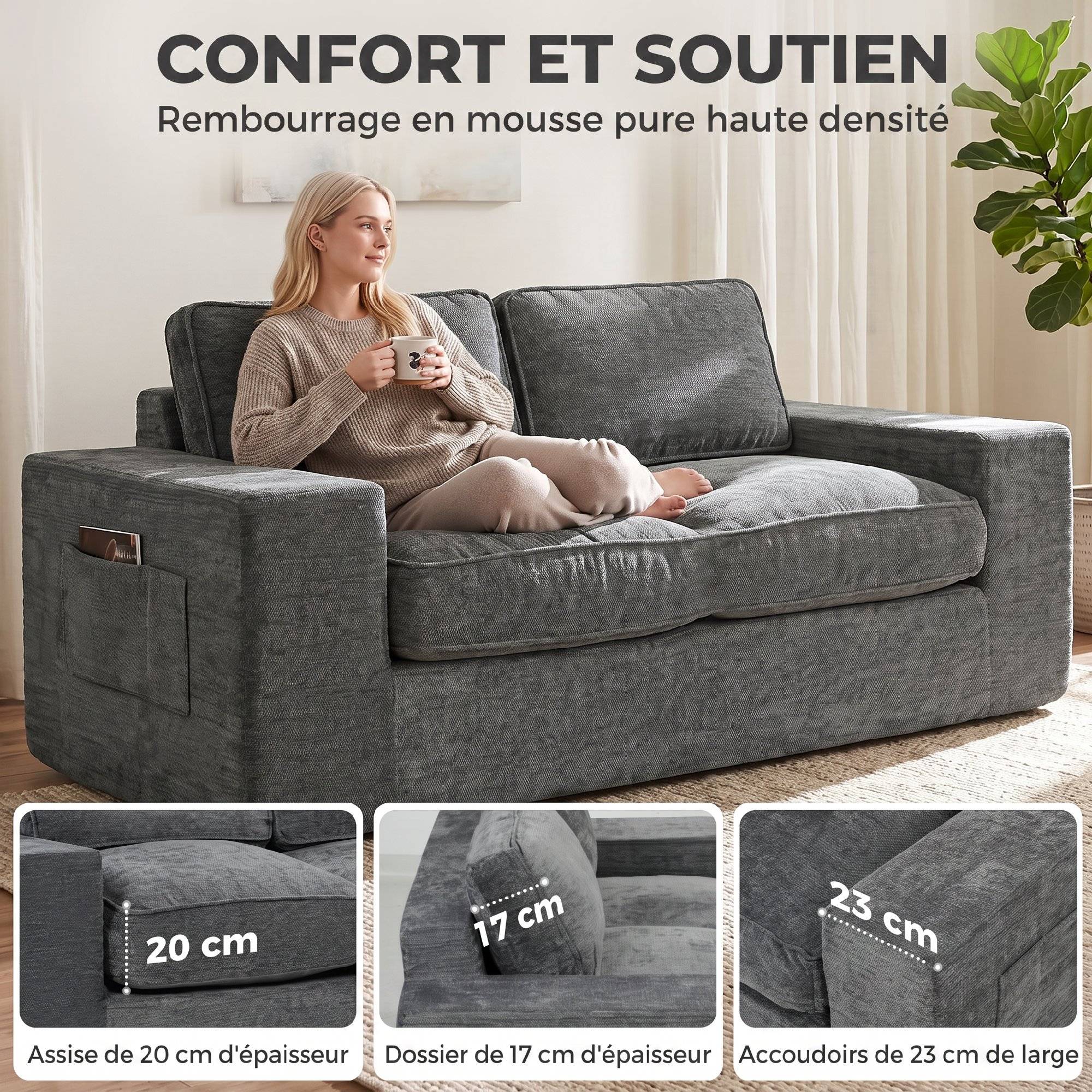 Canapé 2 Places en Chenille, Canapé de Salon 156 cm, Assise et Accoudoirs Larges Rembourrées, 2 Oreillers, Gris - Image 7