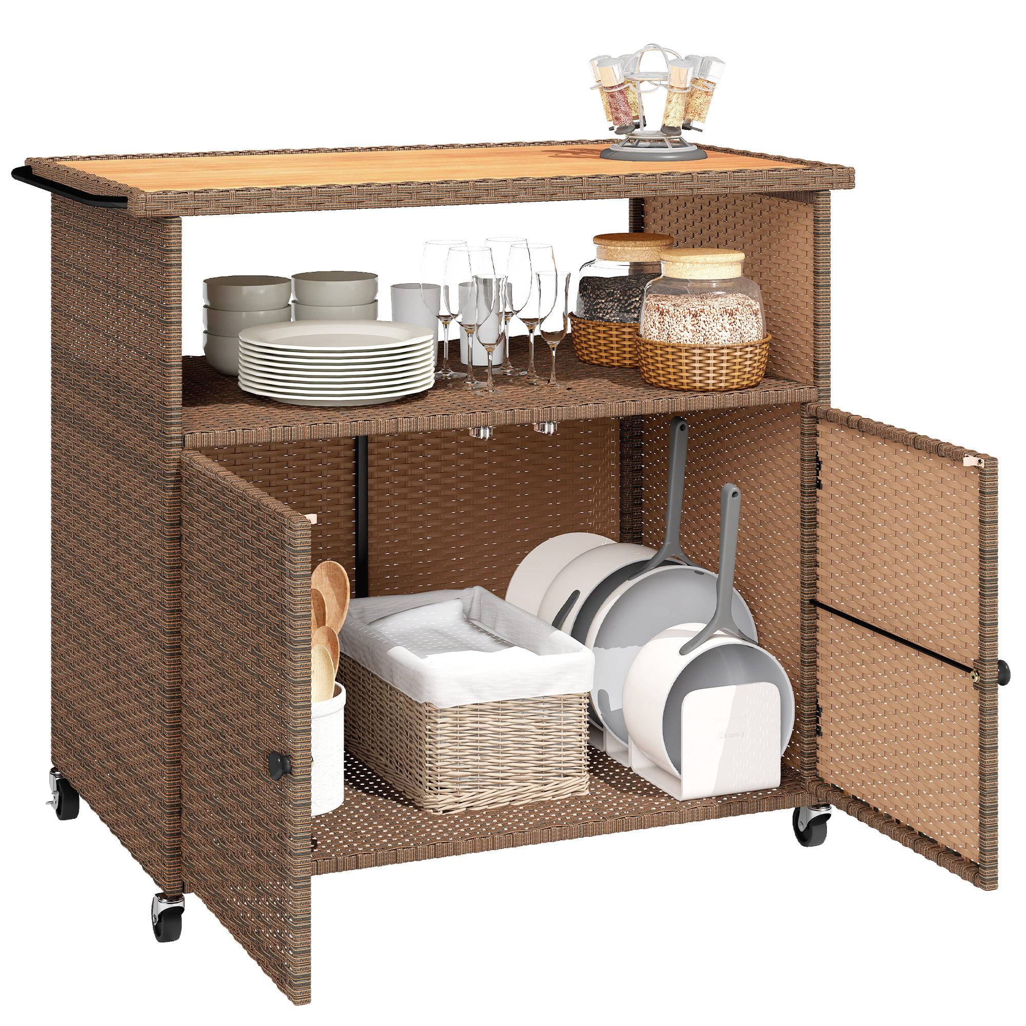 Desserte de jardin résine tressée et bois marron 95 x 54 x 84 cm - PANGIVO - Image 1