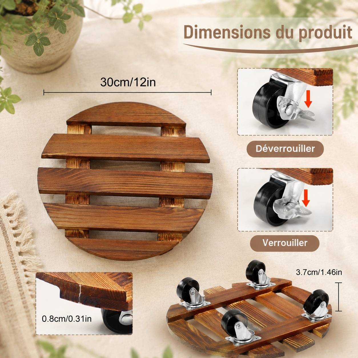 Lot de 2 Roulettes Plantes 30cm, 120kg, roues pivotantes verrouillables Intérieur Extérieur - Image 2
