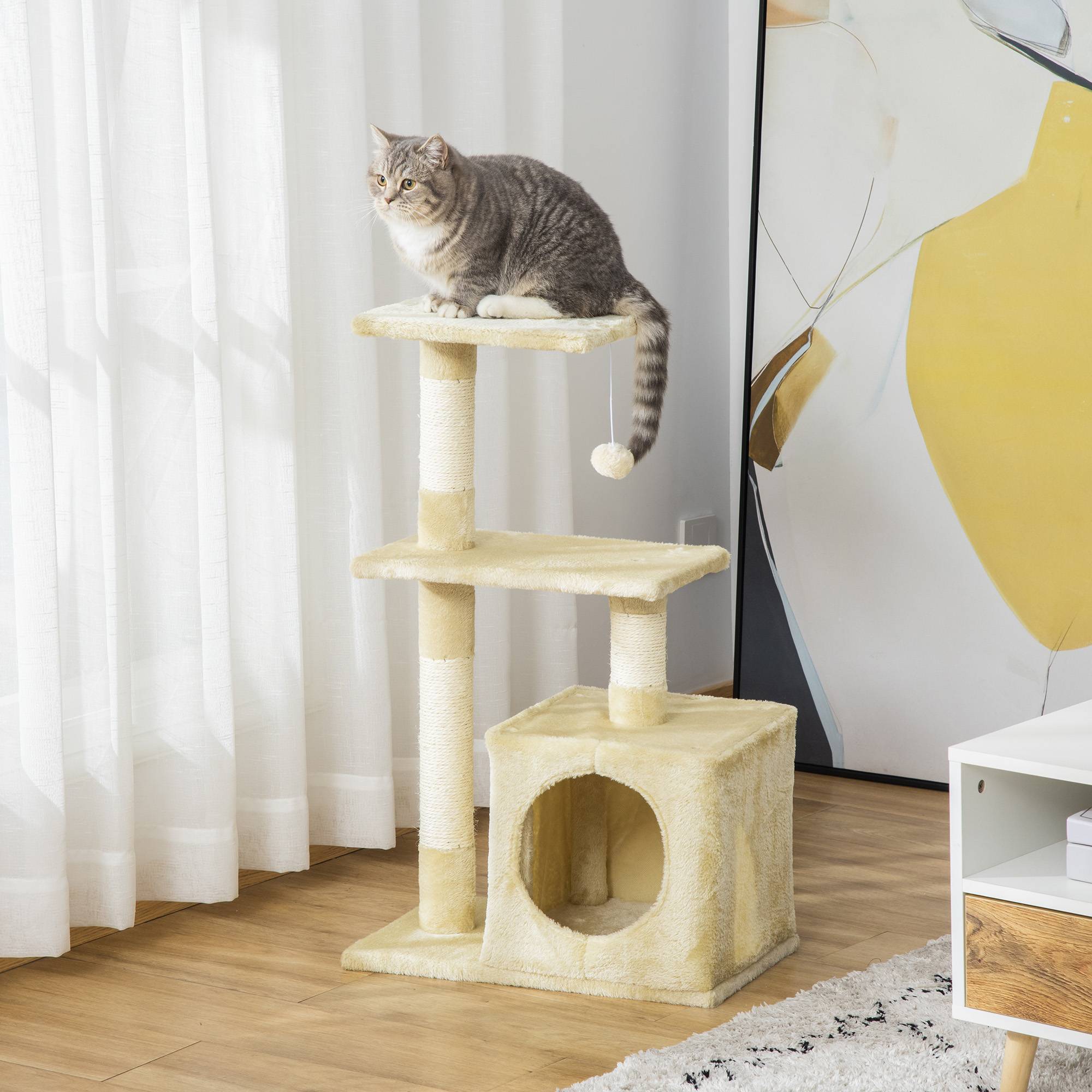 Arbre à chat beige 50x30x81,5 cm, poteaux sisal, 2 plateformes, grotte, balle suspendue, confortable - Image 3