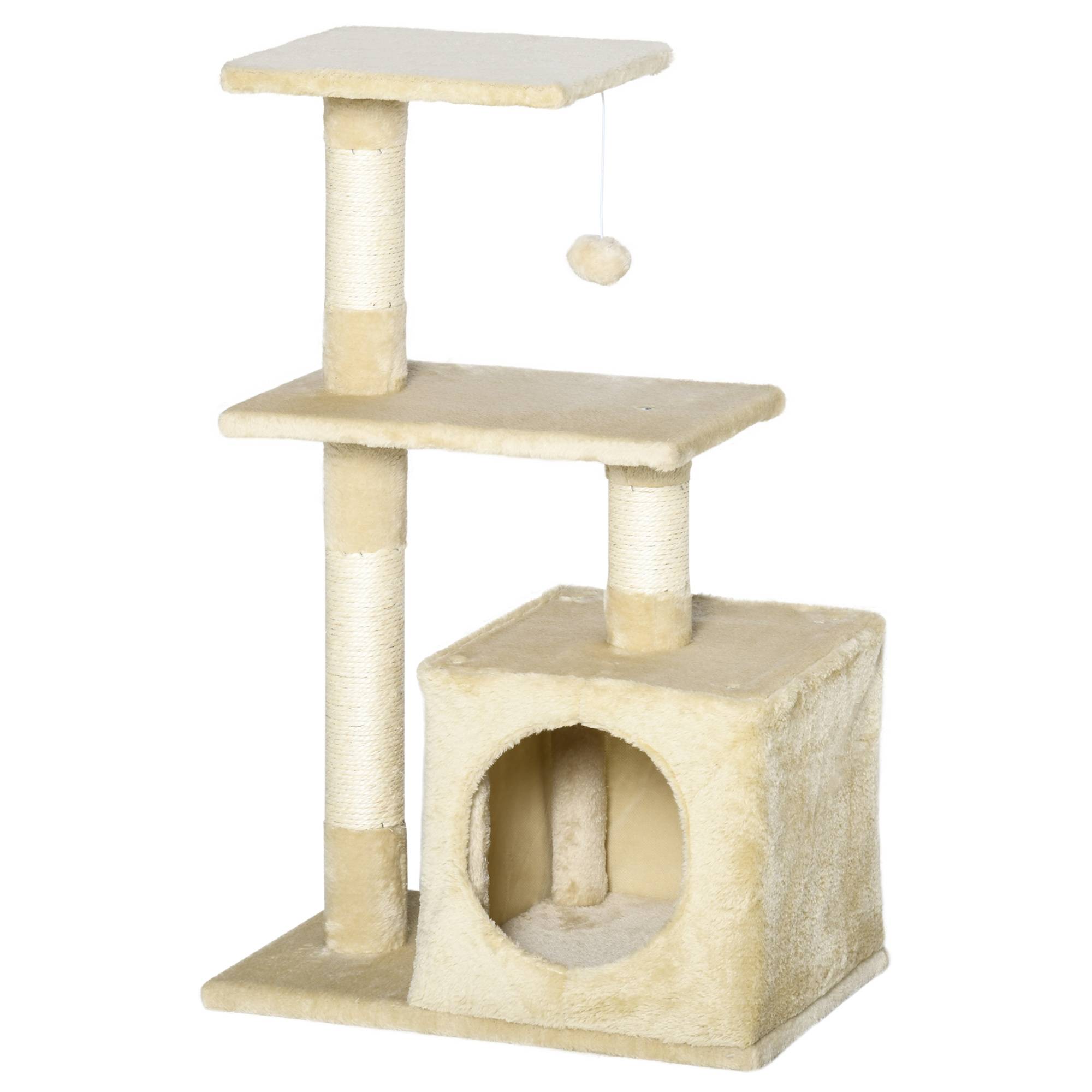 Arbre à chat beige 50x30x81,5 cm, poteaux sisal, 2 plateformes, grotte, balle suspendue, confortable - Image 2