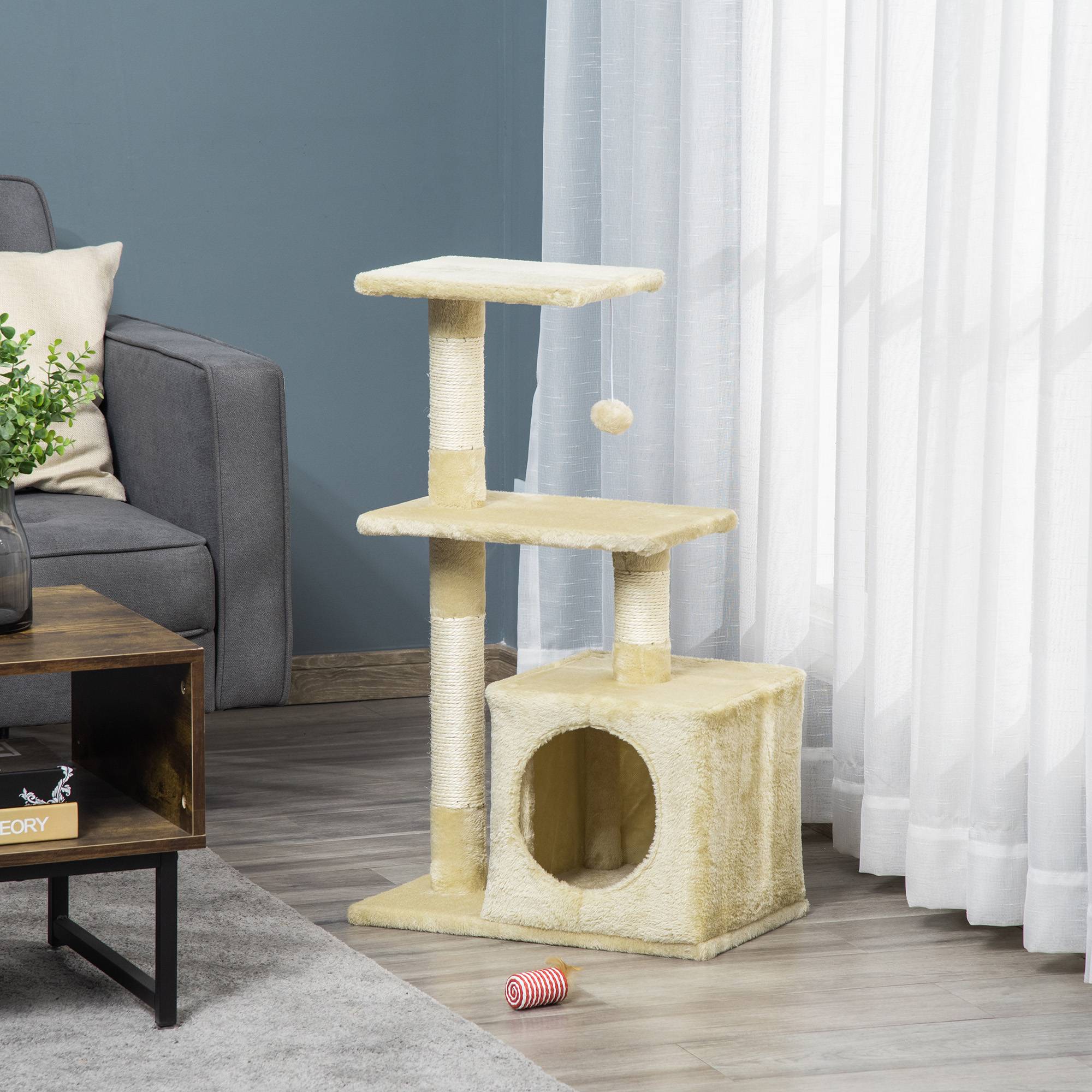 Arbre à chat beige 50x30x81,5 cm, poteaux sisal, 2 plateformes, grotte, balle suspendue, confortable - Image 4