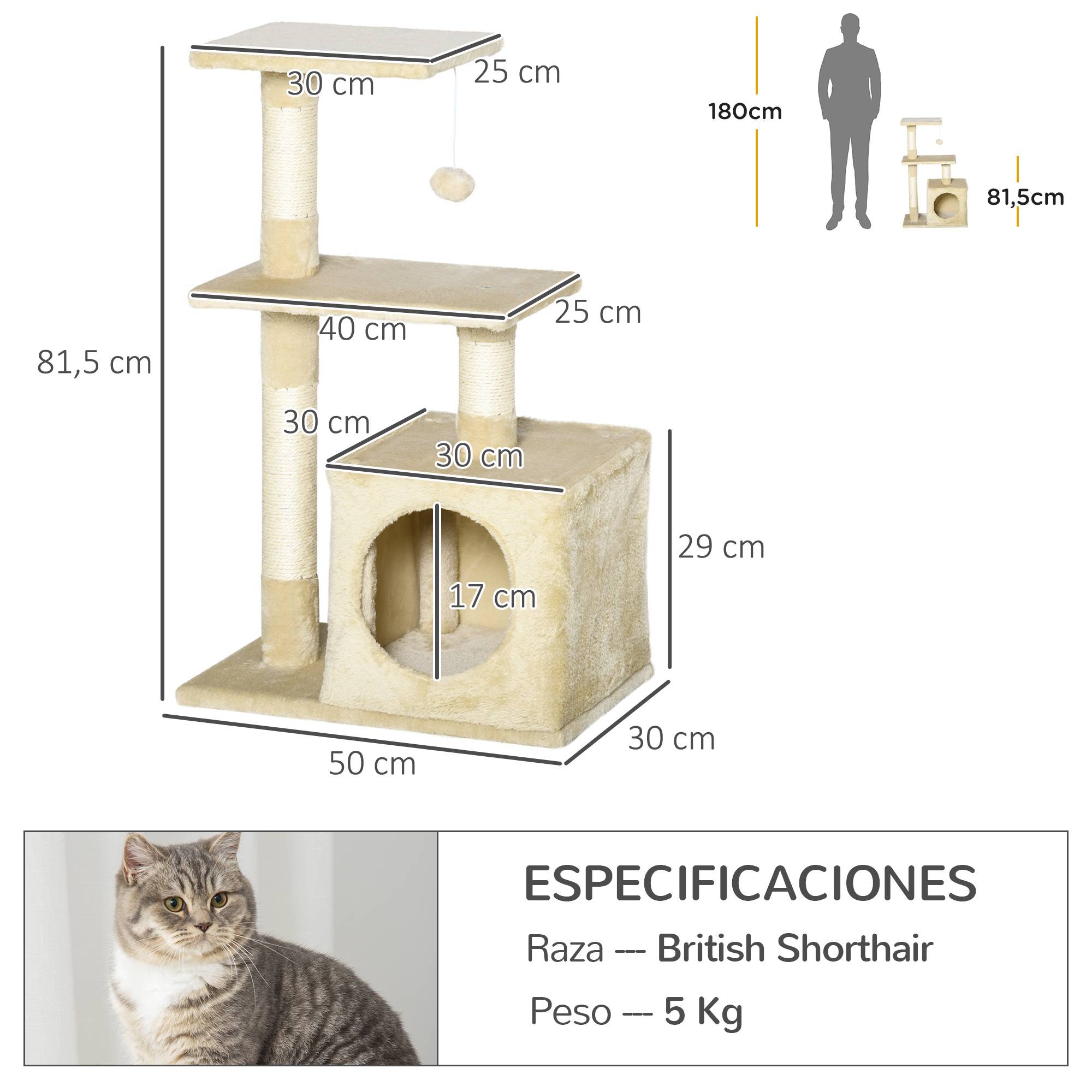 Arbre à chat beige 50x30x81,5 cm, poteaux sisal, 2 plateformes, grotte, balle suspendue, confortable - Image 5