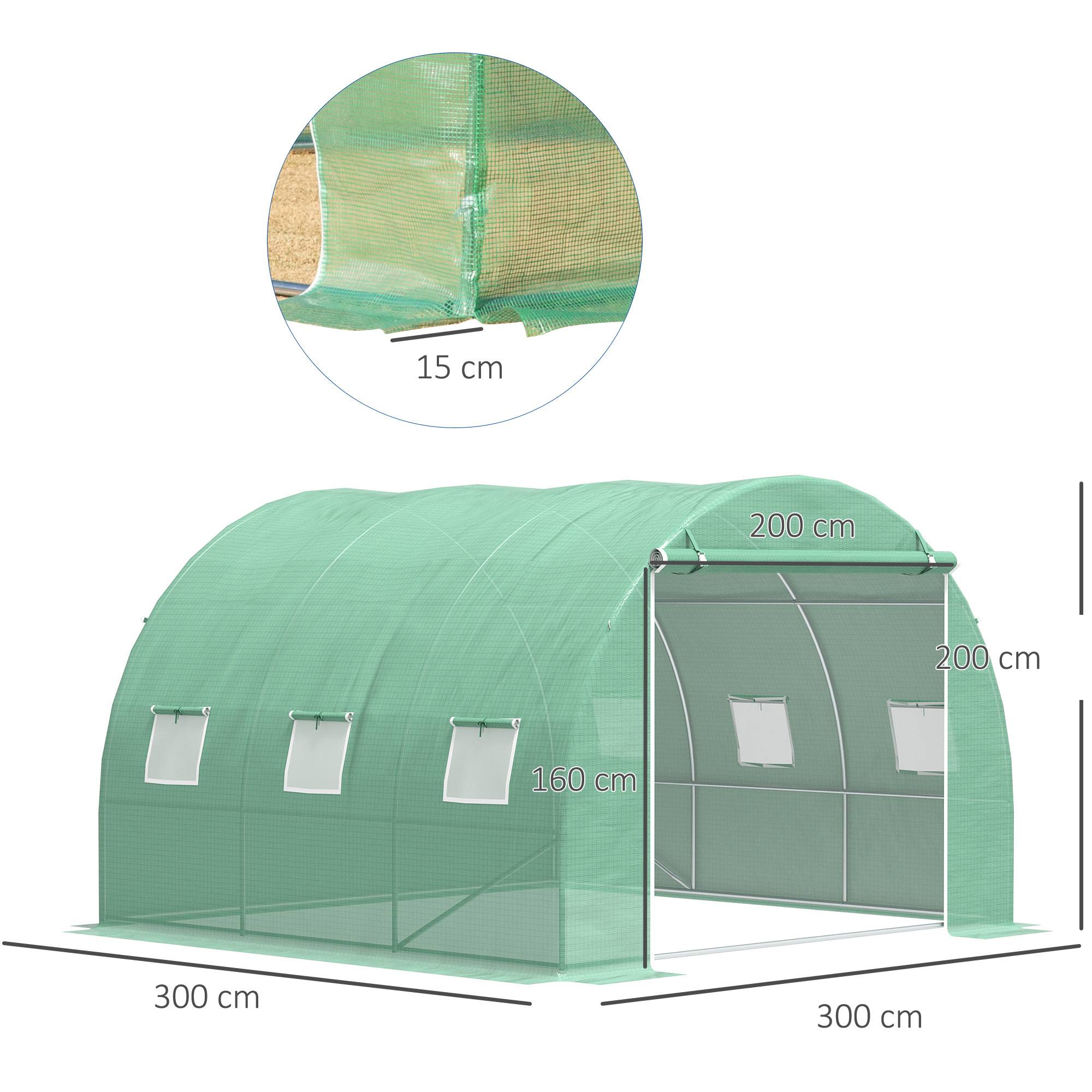Sans Marque - Serre jardin 9m² tunnel 3x3x2m porte enroulable 6 fenêtres maille acier PE vert - Image 5