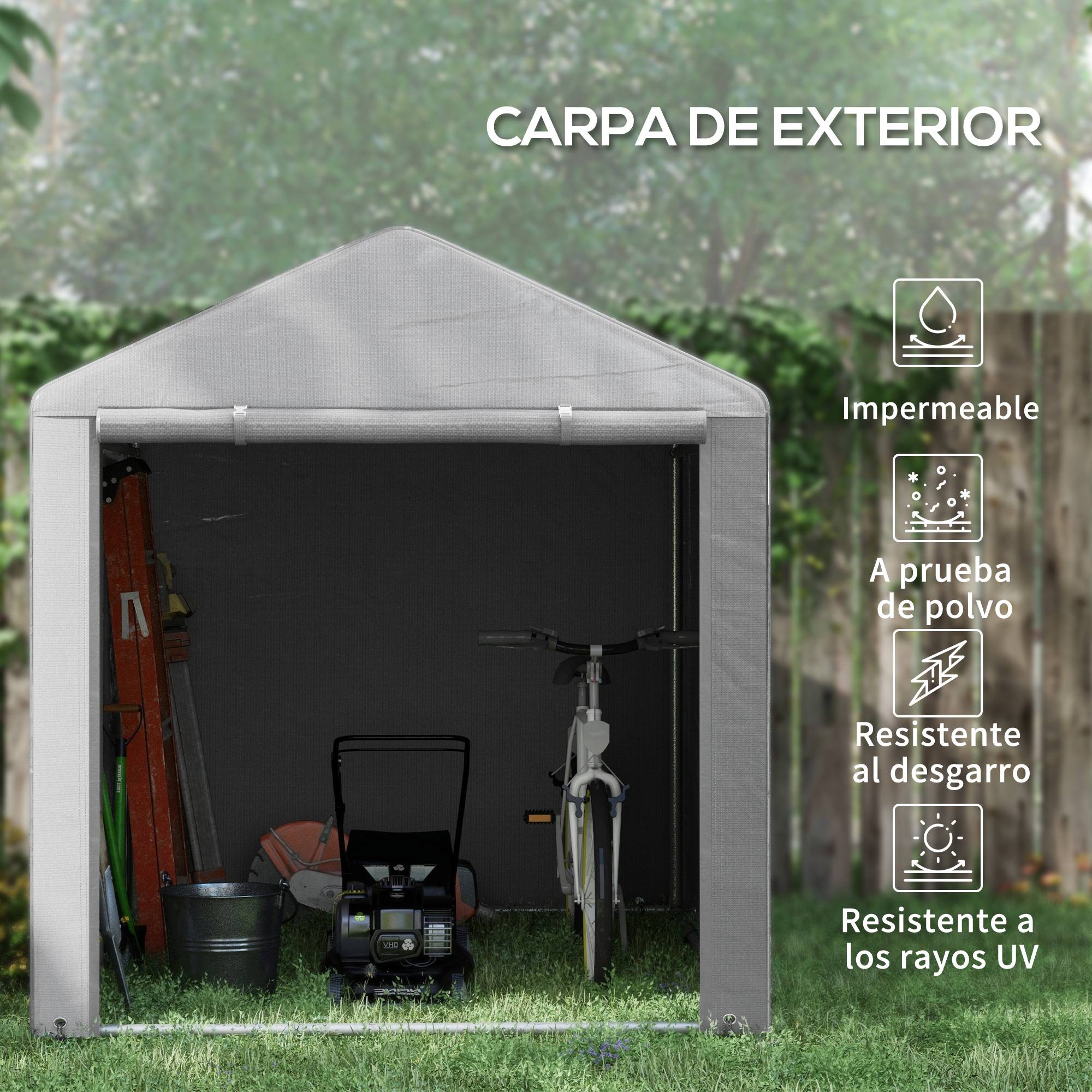 Abri de jardin pour vélos 1,6 x 2,2 x 1,7 m, 2 compartiments, porte zippée, imperméable, anti-UV, gris clair - Image 6
