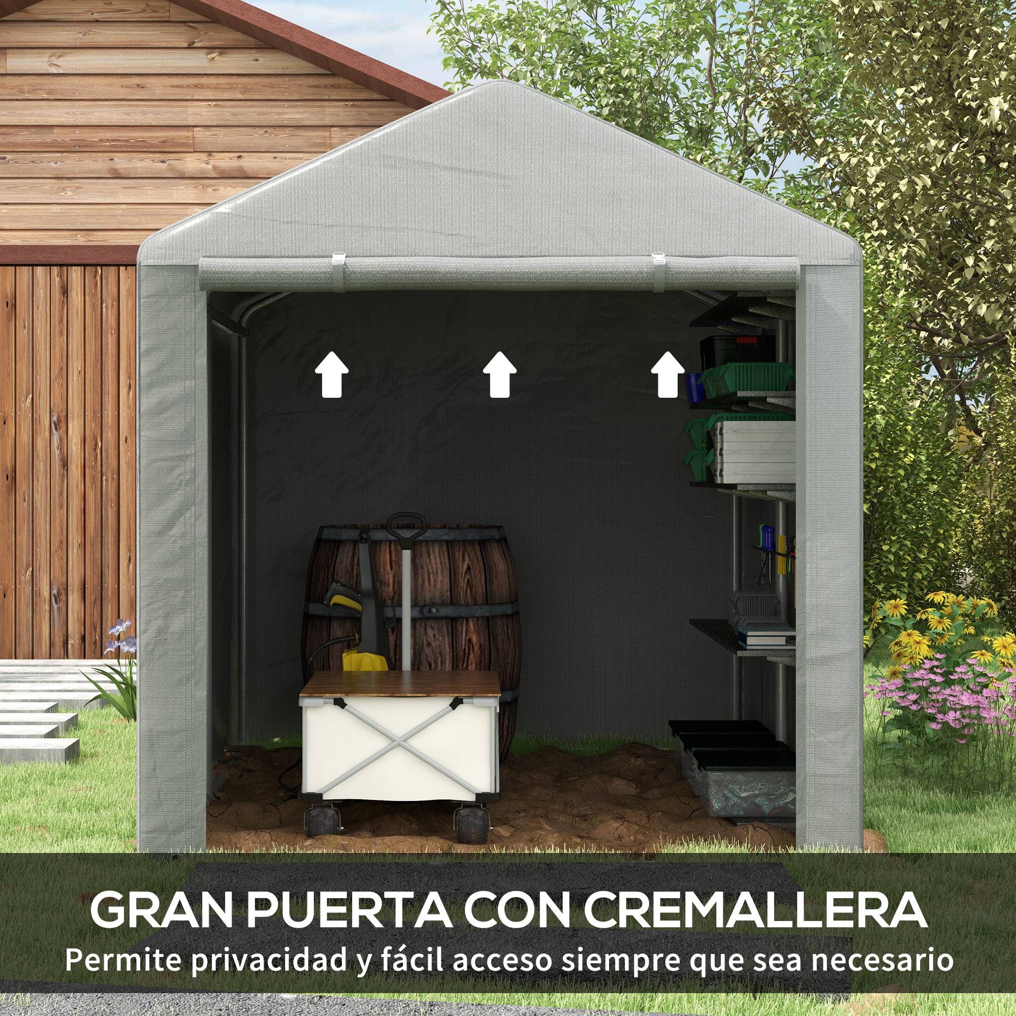 Abri de jardin pour vélos 1,6 x 2,2 x 1,7 m, 2 compartiments, porte zippée, imperméable, anti-UV, gris clair - Image 8