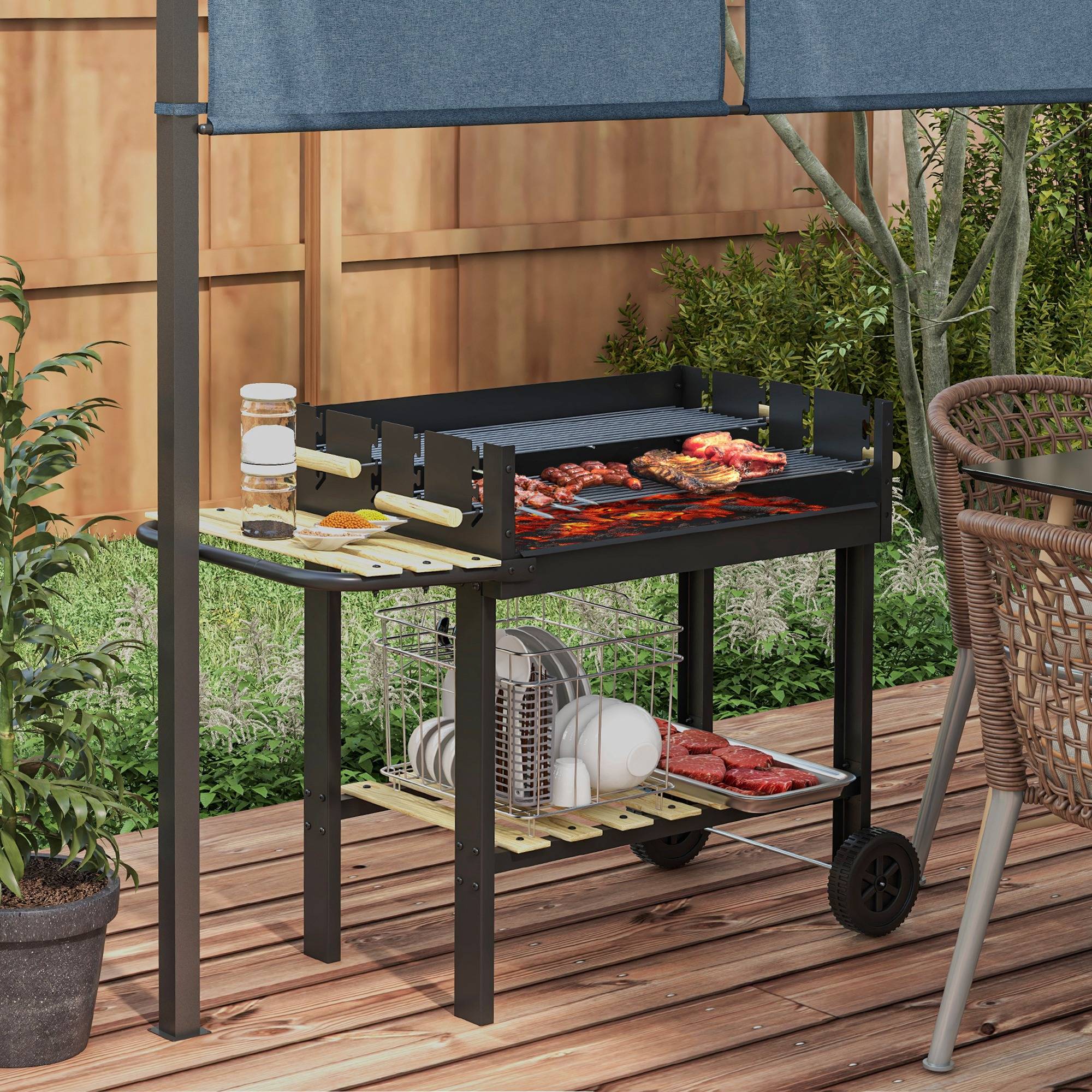 Sans Marque - Barbecue à charbon BBQ grill sur pied avec double gril réglable 2 roues et 2 étagères dim. 113L x 53,5l x 82,5H cm noir - Image 3