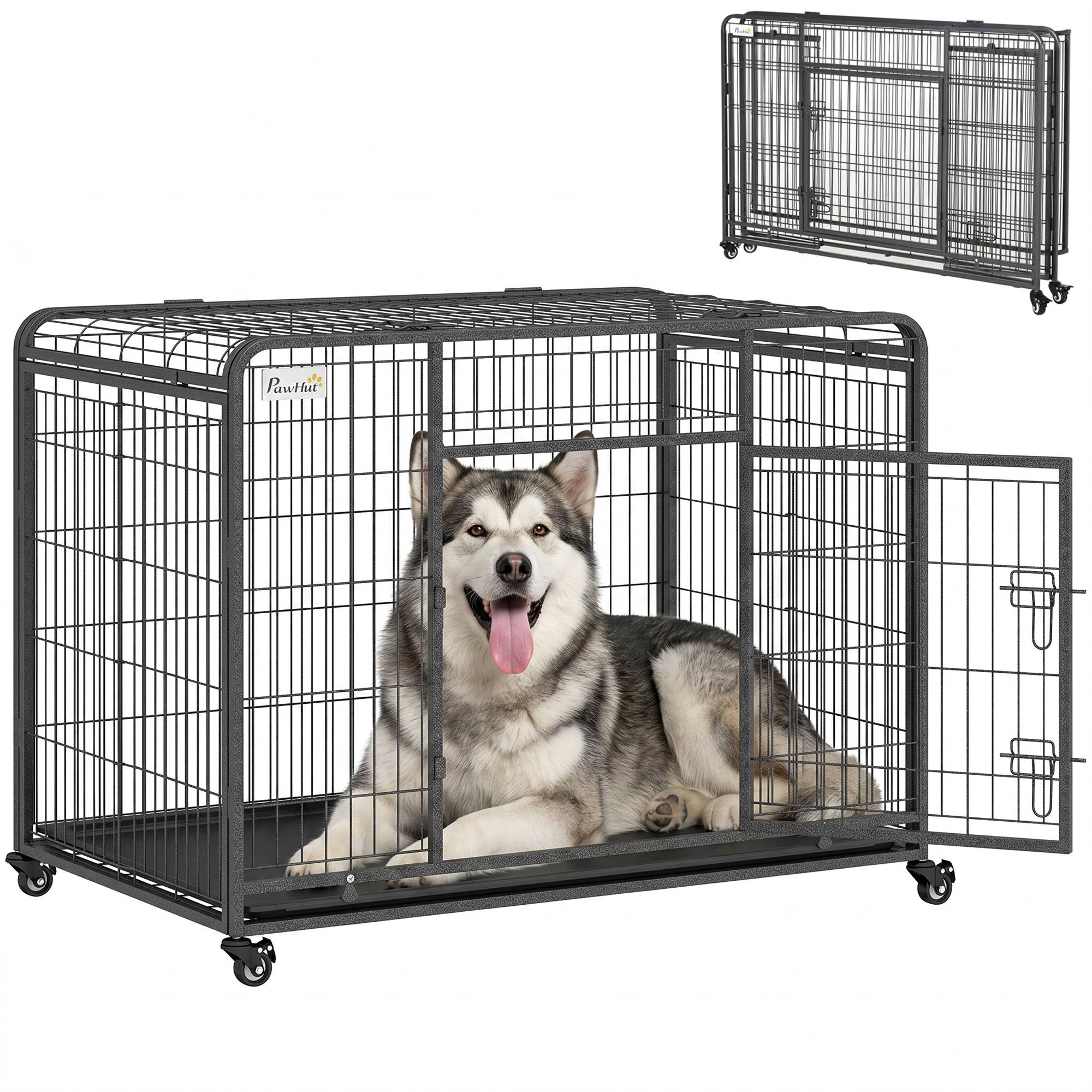 Niche pliable pour chien avec double porte et serrure, parc à jeux pour chien avec 4 roues avec freins et fond amovible, 125 x 76 x 81 cm, gris foncé - Image 1